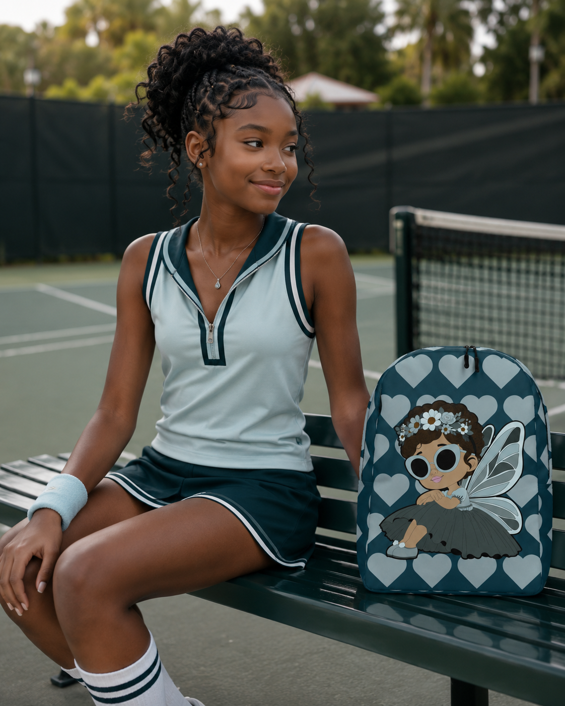 Coco Pixies Pixie Piper Backpack featuring aqua teal hearts, curly hair, sunglasses, and detailed pixie wings