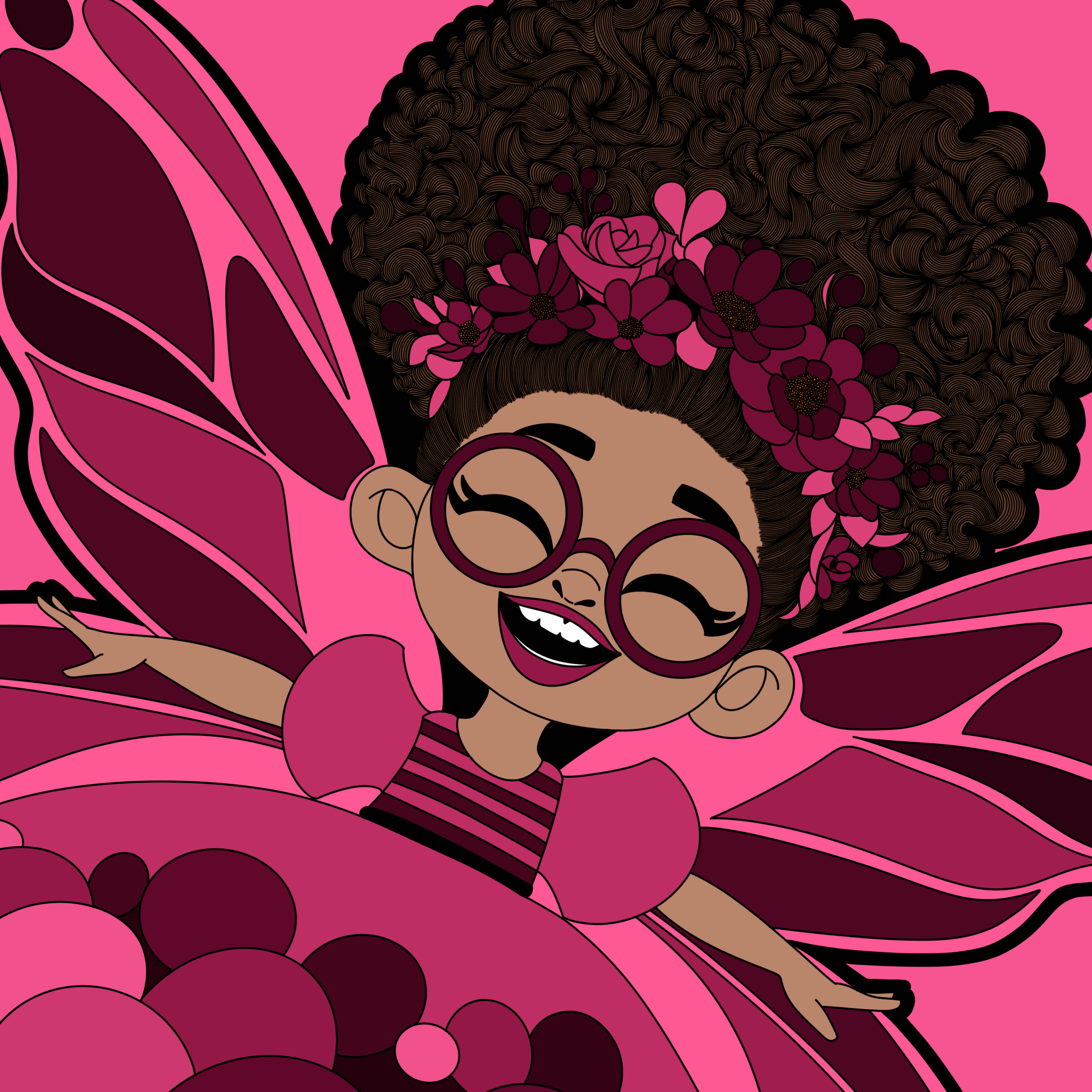 Delightful Daisy, an original hand-drawn Black girl pixie with warm brown skin, a large natural curly updo, round burgundy glasses, a pink floral crown, layered pink and berry bubble dress, butterfly wings, and a bright toothed smile.