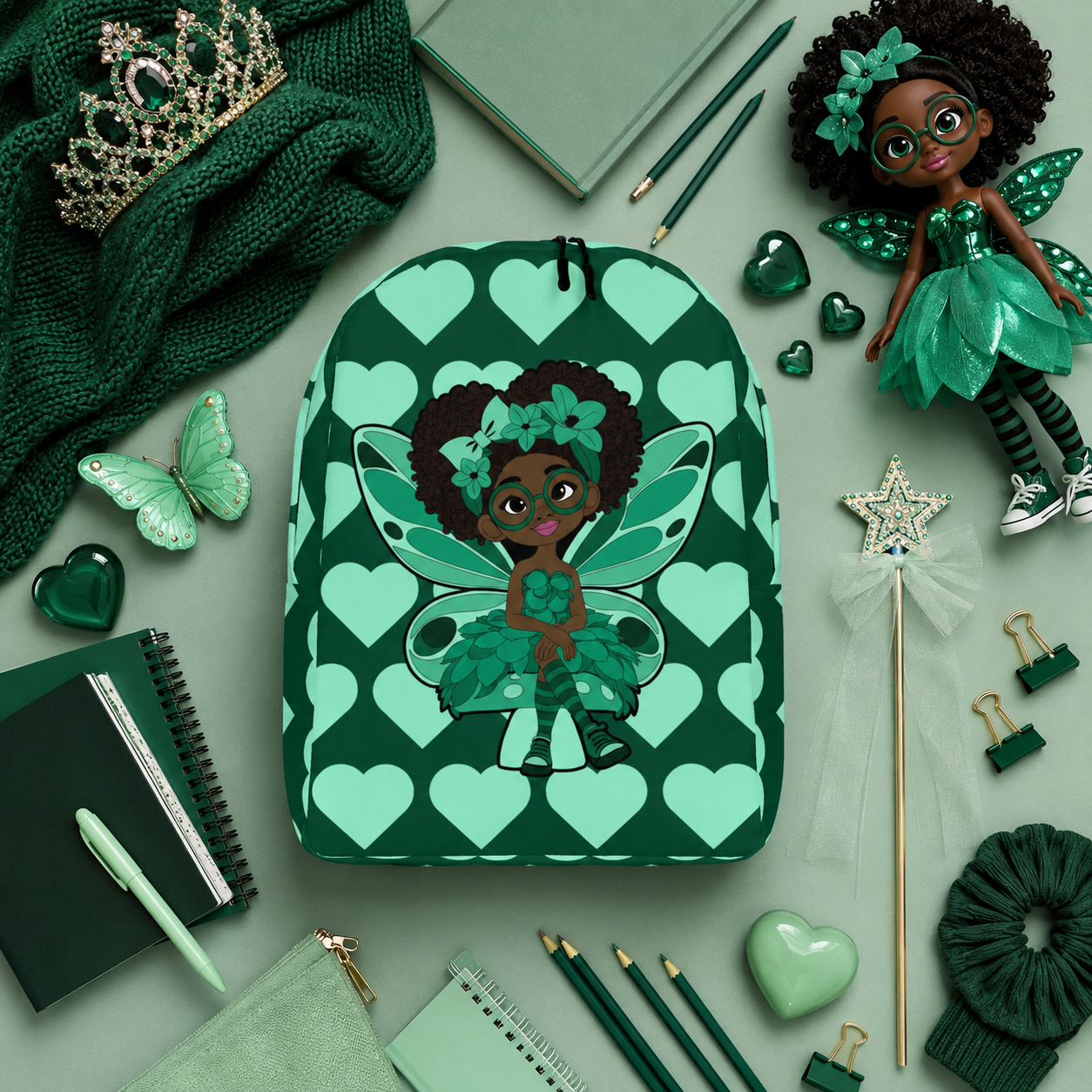 Brilliant Bailey Pixie Backpack by Coco Pixies featuring a Black girl pixie with a curly afro, green wings and mint hearts on emerald green.