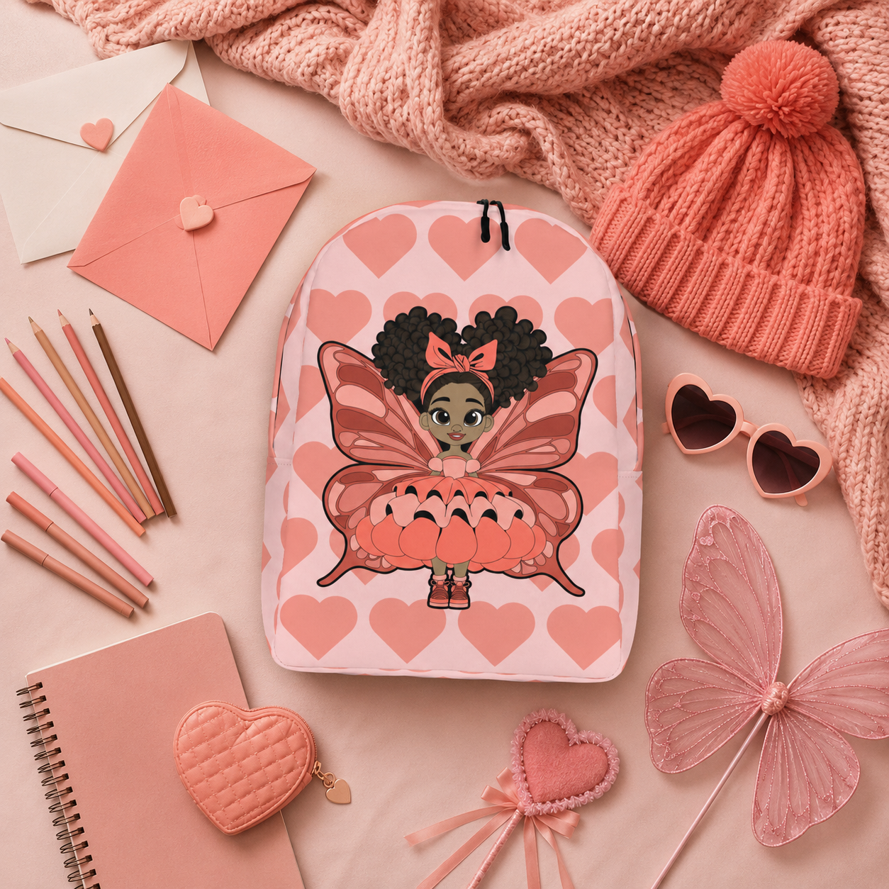 Coco Pixies Lovely Layla children’s backpack featuring a Black girl pixie and Coral Signature Heart Pattern