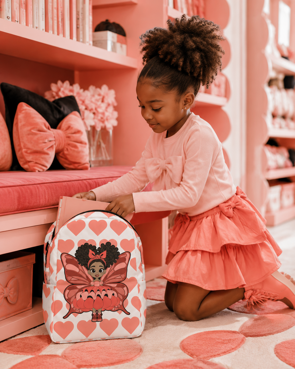 Coco Pixies Lovely Layla children’s backpack featuring a Black girl pixie and coral Signature Heart Pattern
