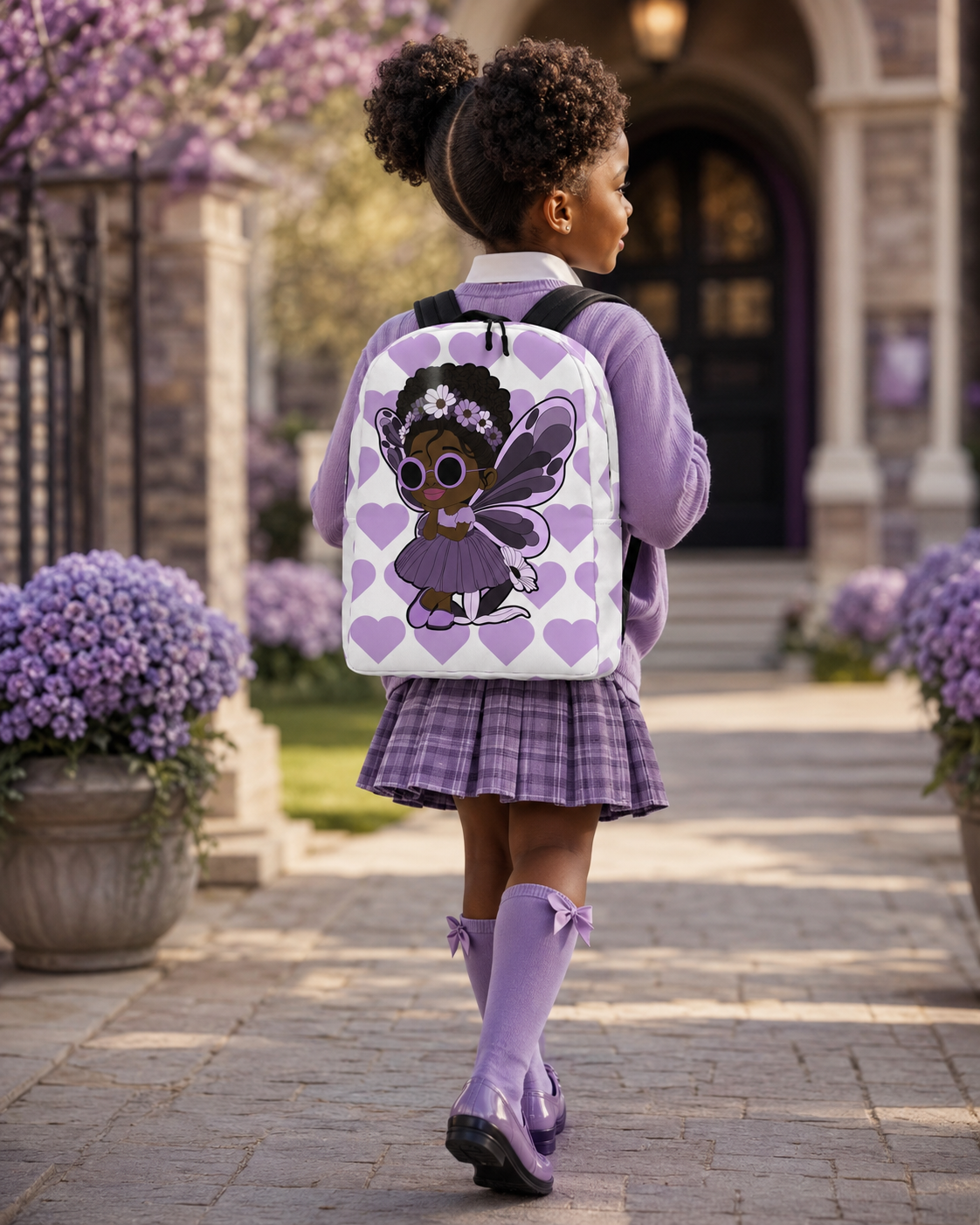 Coco Pixies Marvelous Mia girls backpack featuring a Black pixie with an afro puff, floral crown and purple butterfly wings