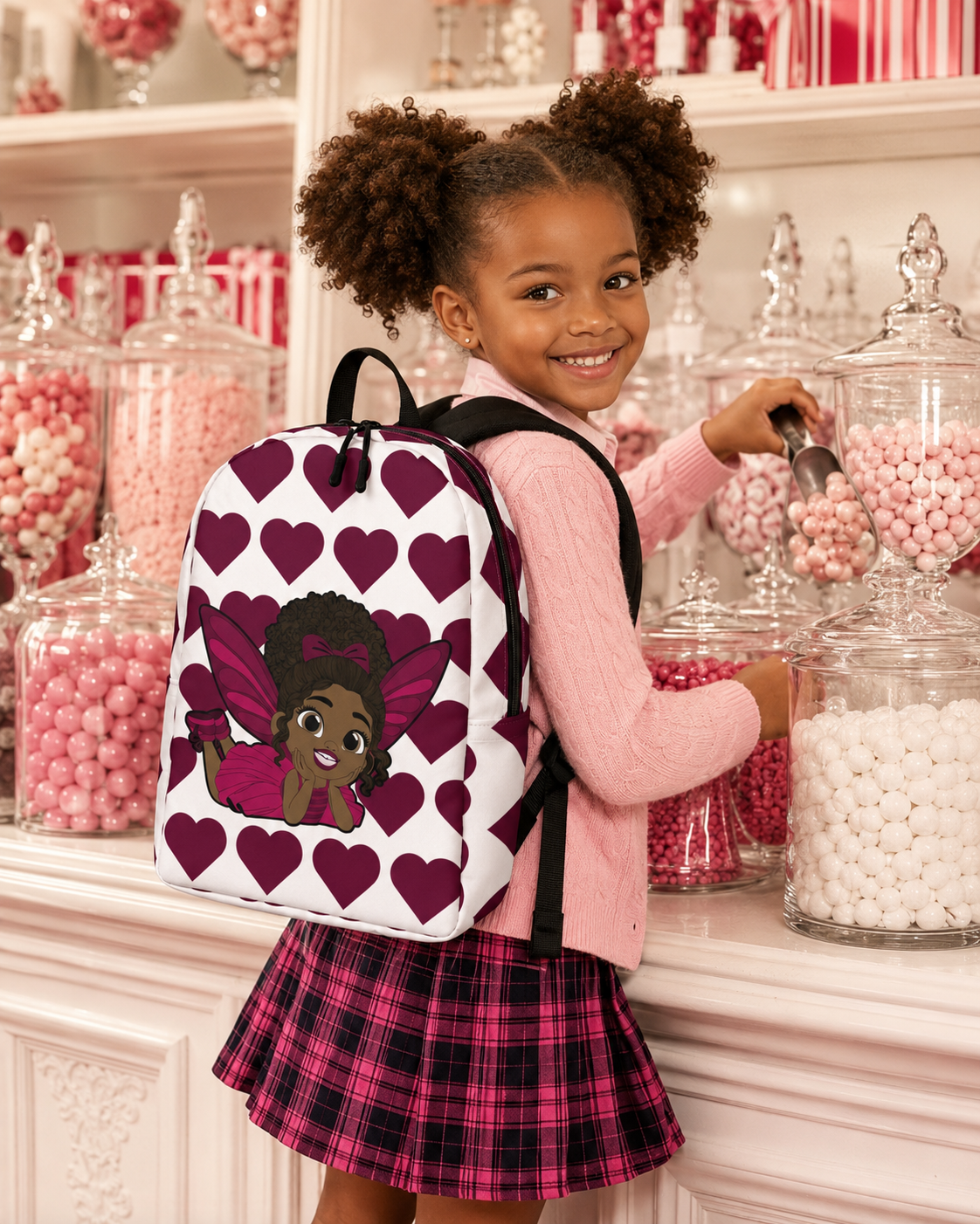 Coco Pixies Happy Harper backpack featuring a Black girl pixie with curly hair, pink wings, and burgundy hearts