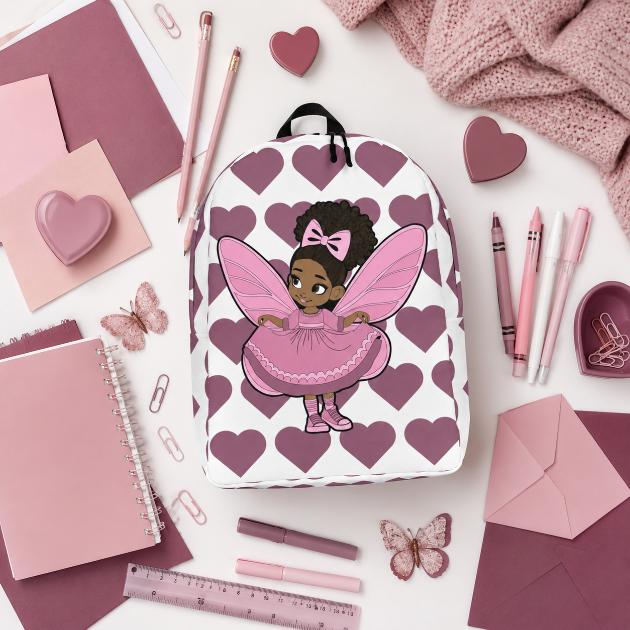 Darling Daphne Pixie Backpack by Coco Pixies with a pink pixie, curly afro puff and mauve heart pattern.
