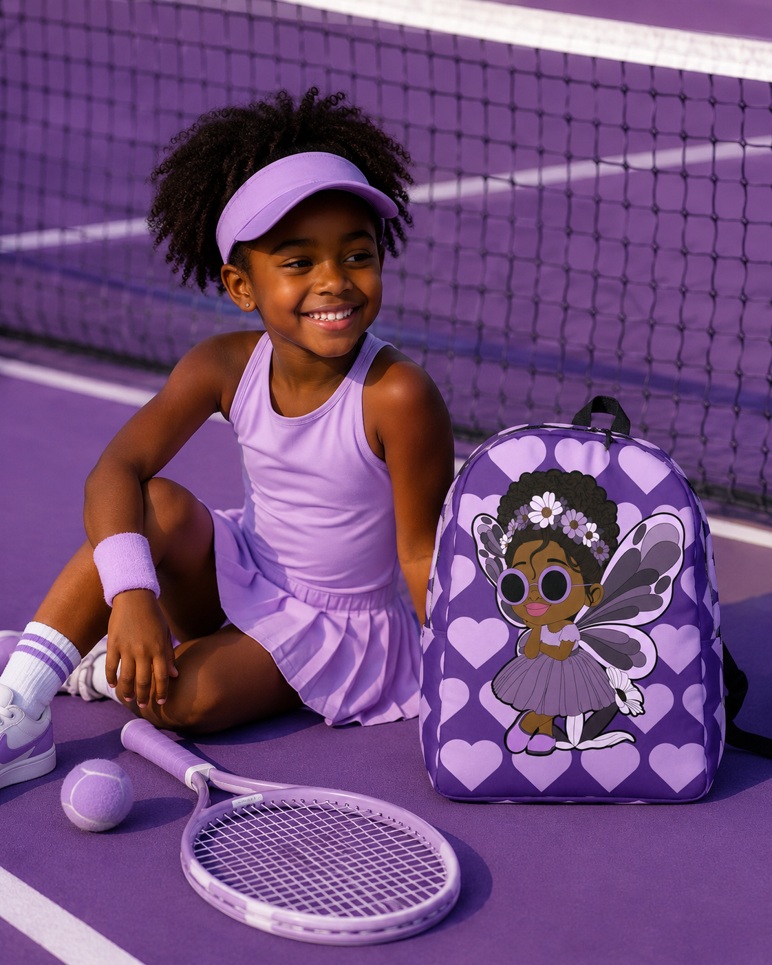 Coco Pixies Marvelous Mia purple backpack featuring a Black pixie with an afro puff, floral crown and lavender wings