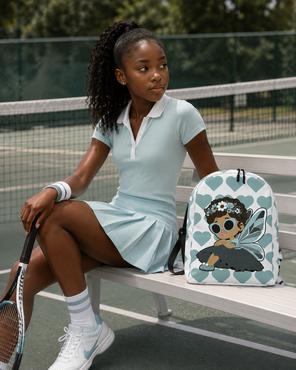 Coco Pixies Pixie Piper Backpack featuring a Black girl pixie, aqua hearts, sunglasses, and floral details