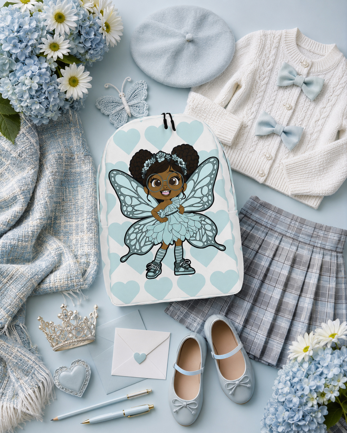 Coco Pixies JoJo Jollypuff backpack featuring afro puffs, glasses, aqua wings, and heart-patterned design