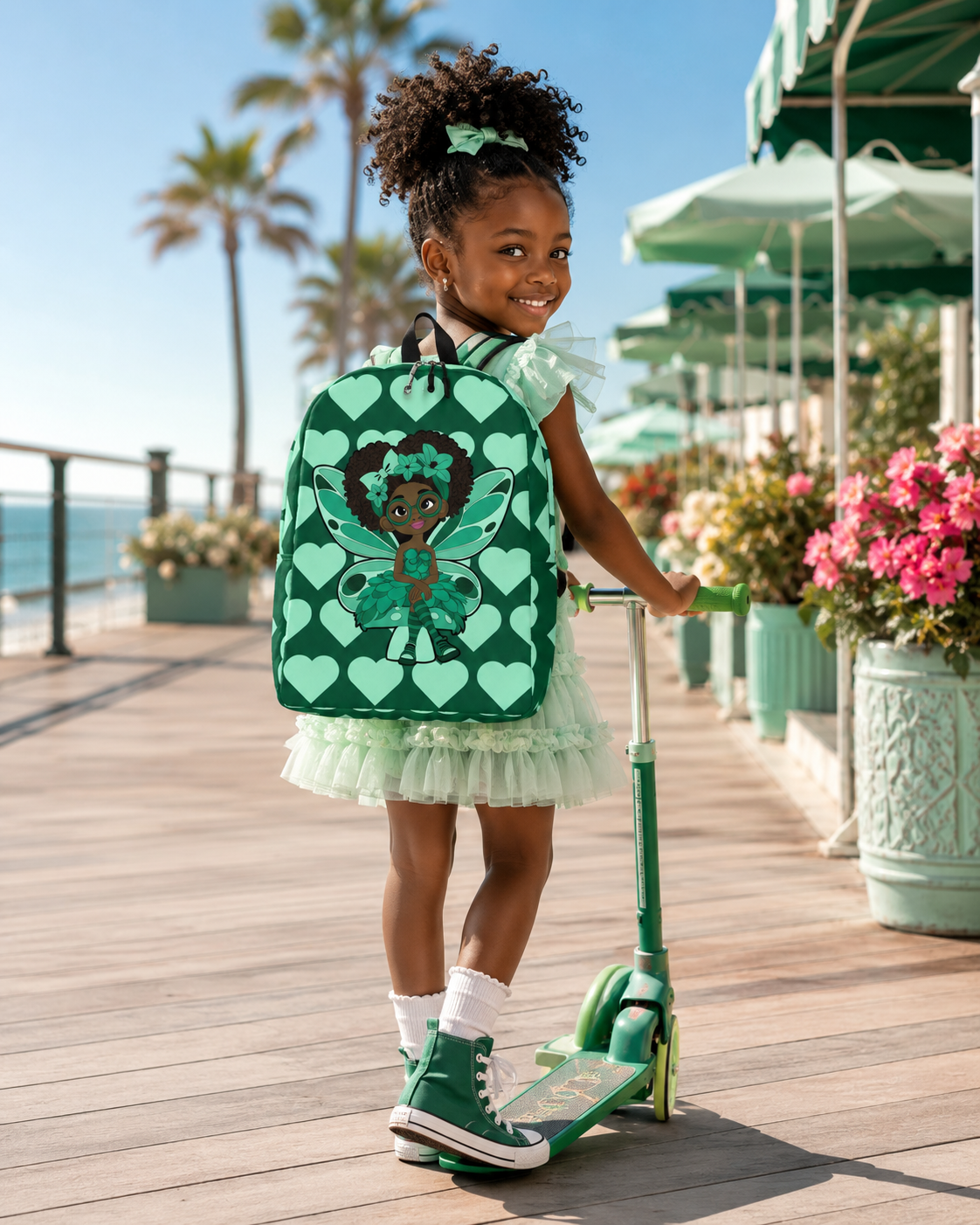 Brilliant Bailey Pixie Backpack by Coco Pixies featuring a Black girl pixie with a curly afro, green wings and mint hearts on emerald green.