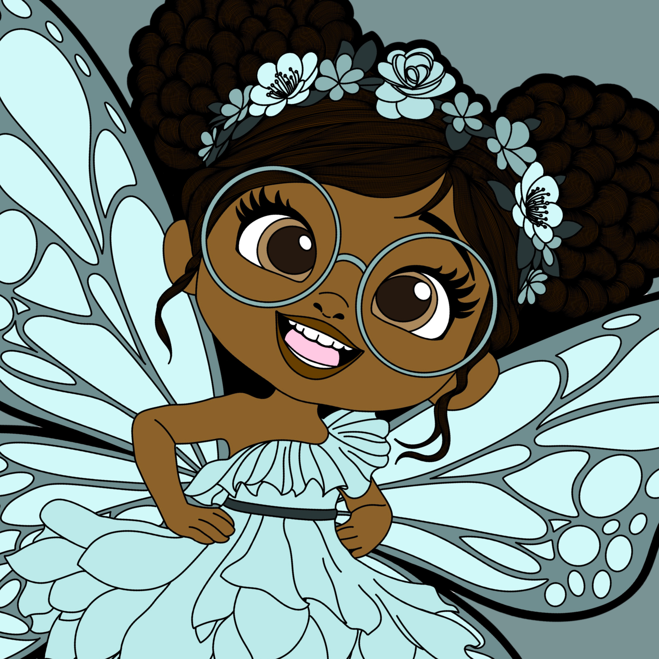 JoJo Jollypuff, an original hand-drawn Black girl pixie with warm brown skin, two afro puffs, round aqua glasses, a blue floral crown, pale aqua petal dress, patterned butterfly wings, striped socks and matching sneakers.