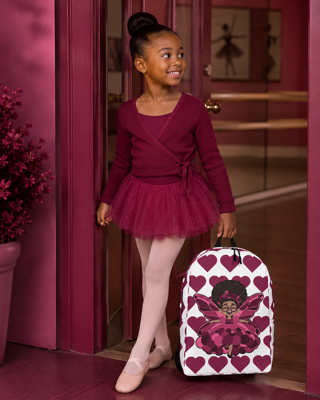 Coco Pixies Delightful Daisy backpack featuring a Black girl pixie and berry Signature Heart Pattern