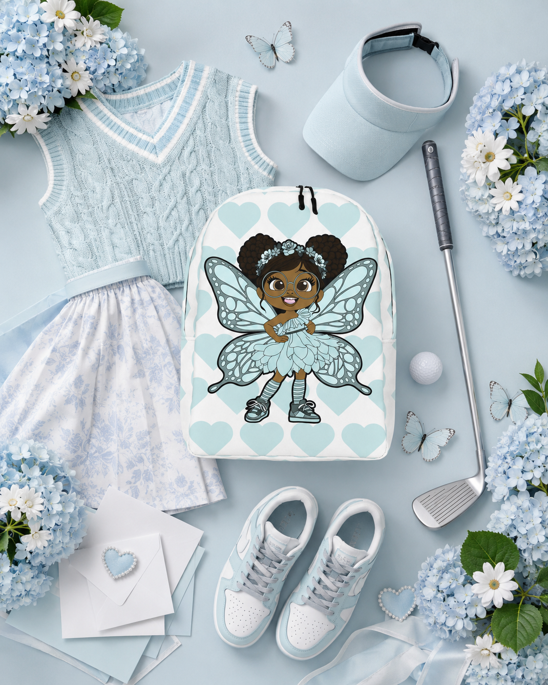 Coco Pixies JoJo Jollypuff backpack featuring afro puffs, glasses, aqua wings, and heart-patterned design