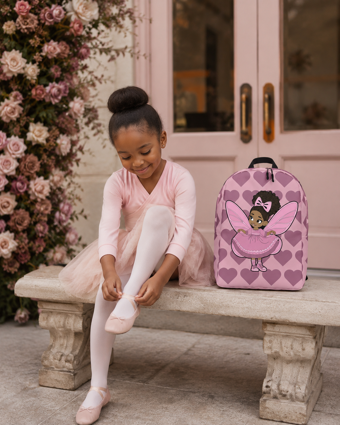Coco Pixies Darling Daphne backpack with a curly afro puff character, pink wings and mauve hearts.