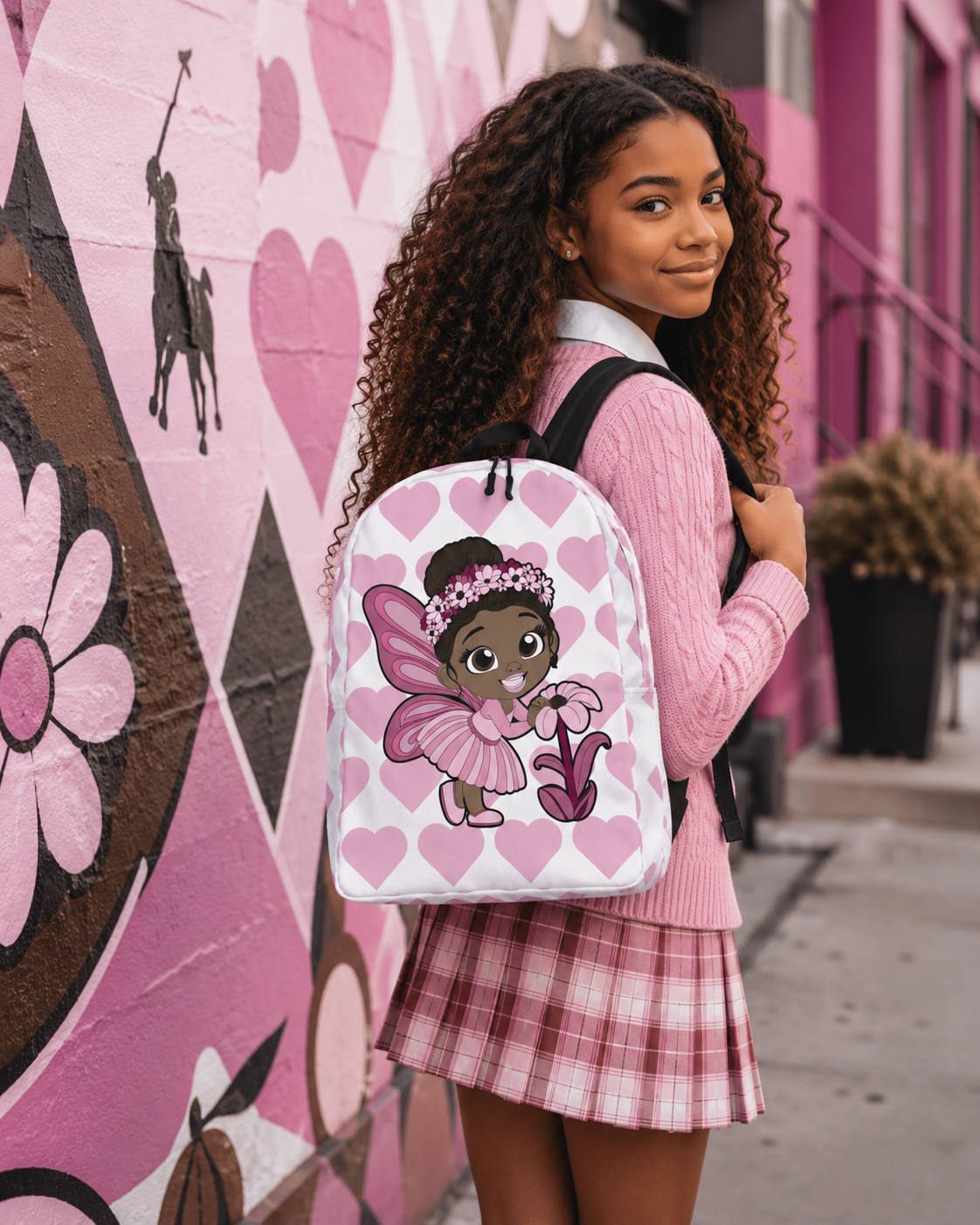 Coco Pixies Tara Twinkle backpack featuring a Black pixie, pink wings, flower crown and heart pattern