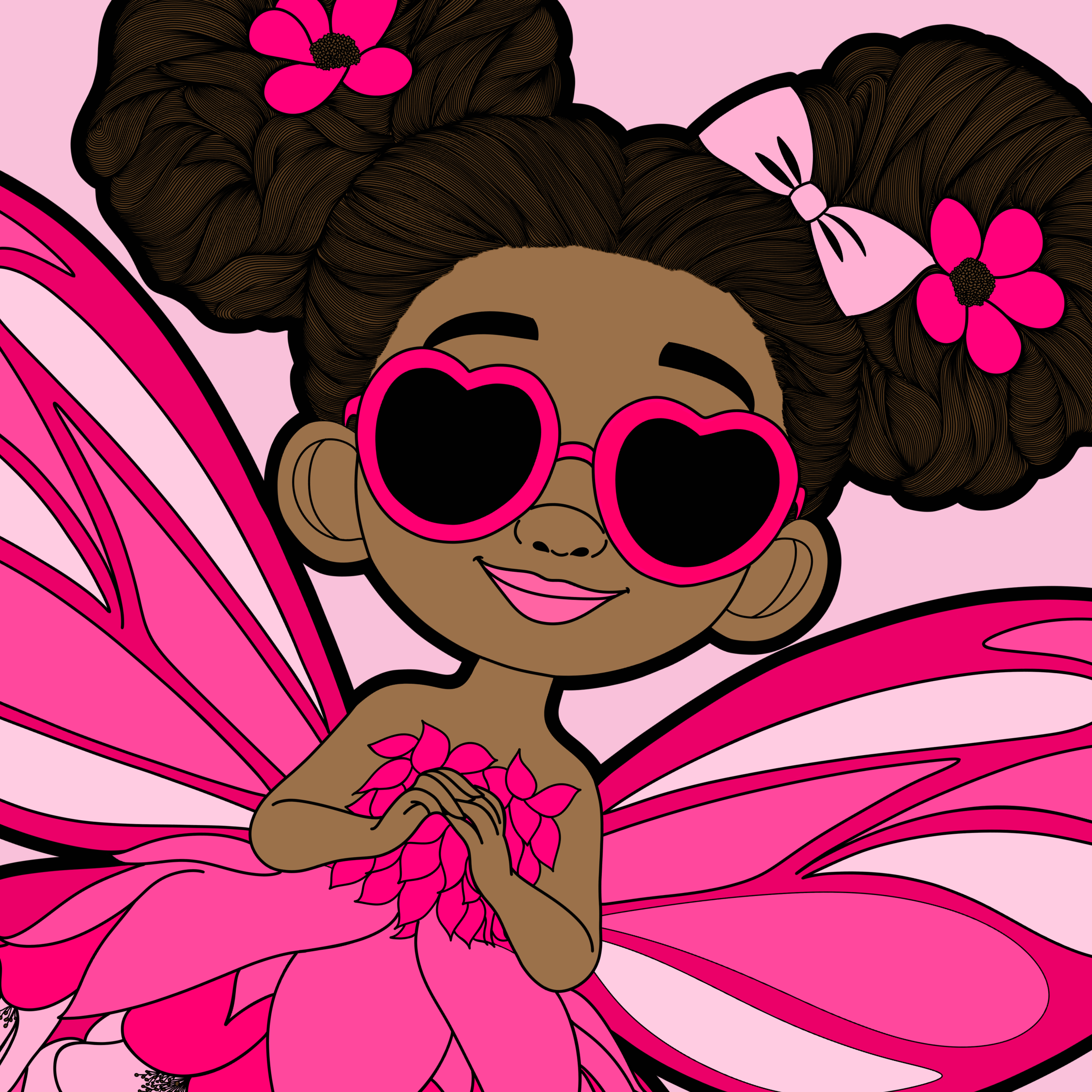 Glitzy Gracelynn, an original hand-drawn Black girl pixie with warm brown skin, two dark brown afro puffs, pink flowers, heart shaped sunglasses, bright pink butterfly wings, a layered petal dress and pink high top sneakers.