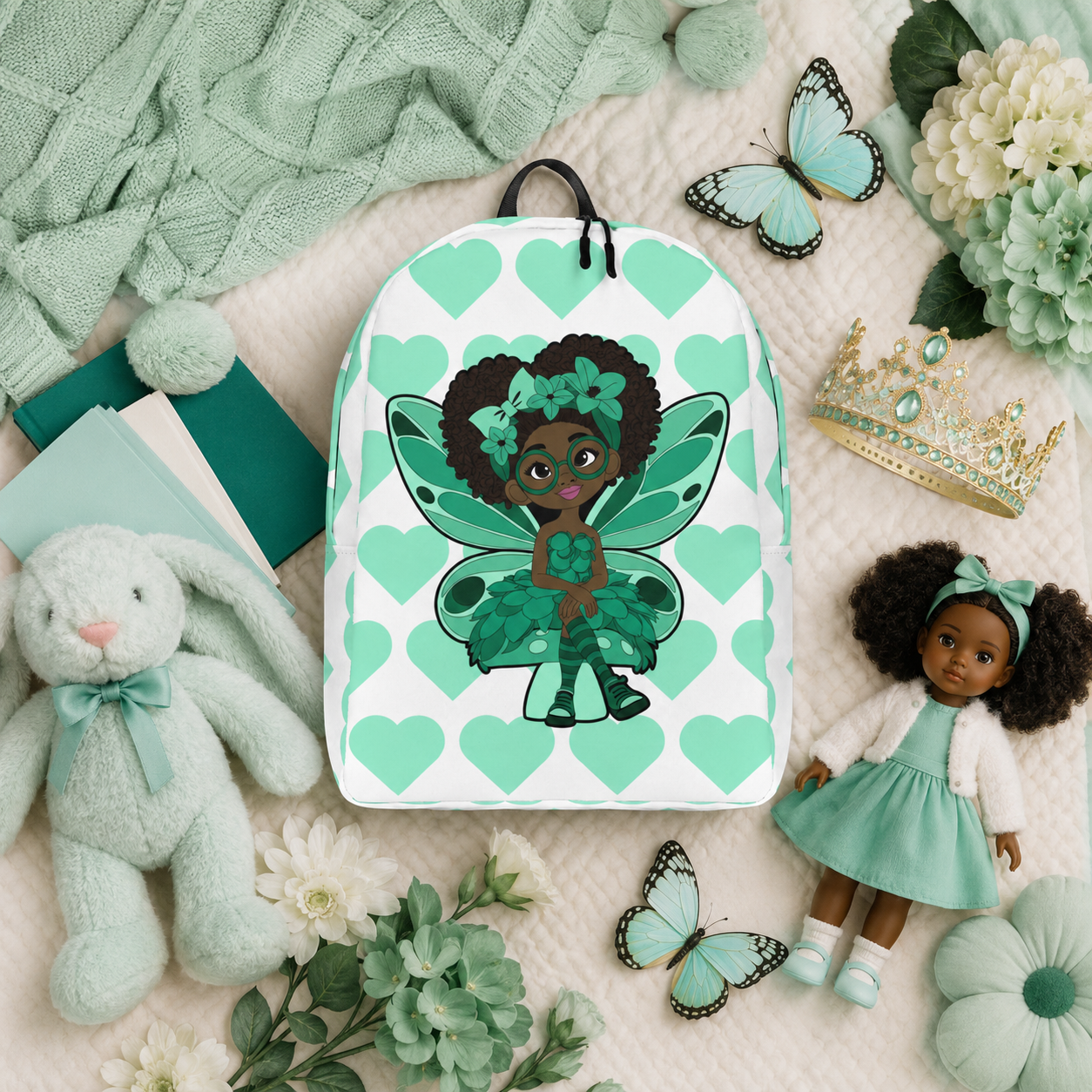 Brilliant Bailey Pixie Backpack by Coco Pixies featuring a Black girl pixie with a curly afro, green wings and a mint heart pattern.