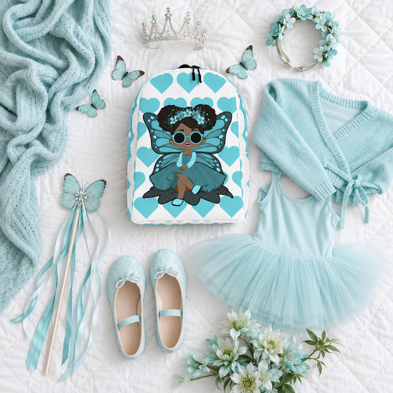 Coco Pixies Sassy Sammy backpack featuring a Black pixie character and aqua signature heart pattern