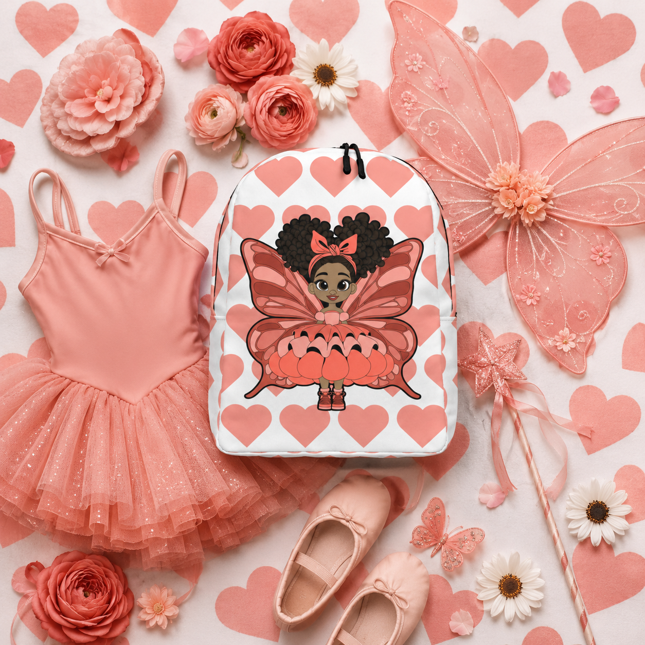 Coco Pixies Lovely Layla children’s backpack featuring a Black girl pixie and coral Signature Heart Pattern