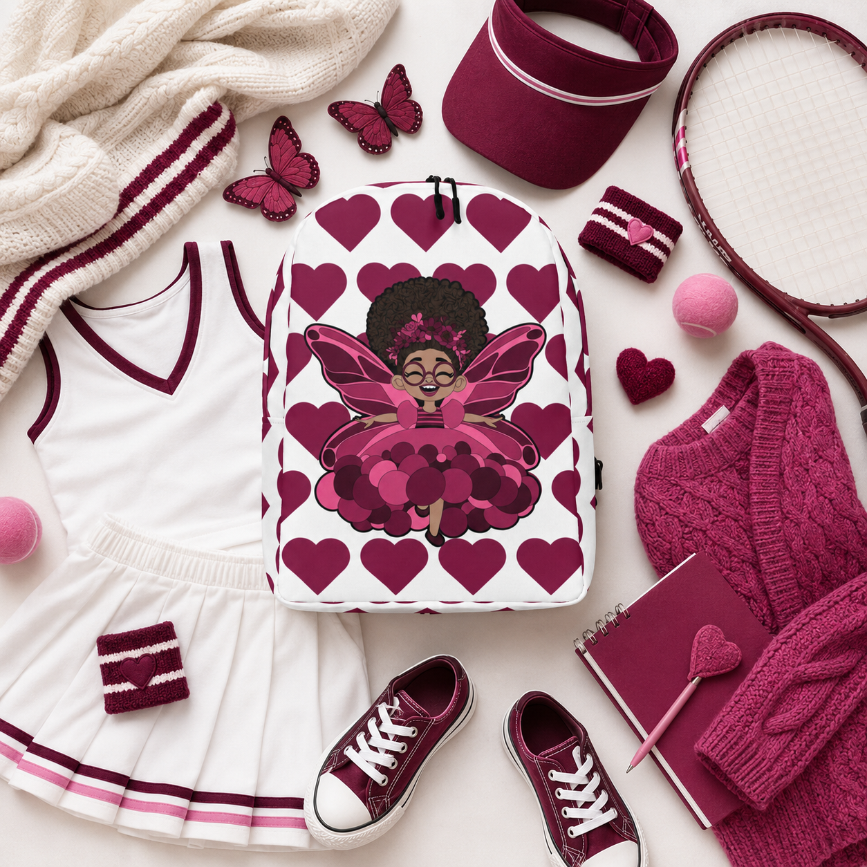 Coco Pixies Delightful Daisy backpack featuring a Black girl pixie and berry Signature Heart Pattern