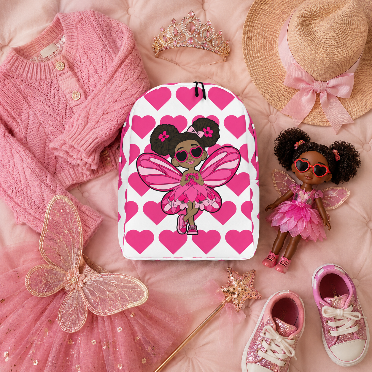 Coco Pixies Glitzy Gracelynn backpack featuring a Black pixie character and bright pink signature heart pattern