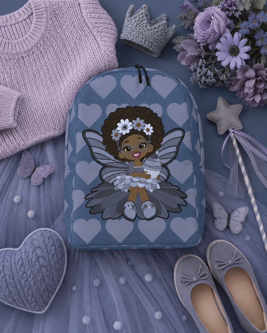 Bubbly Brooke Pixie Backpack by Coco Pixies in cool blue with Black girl pixie and signature heart pattern
