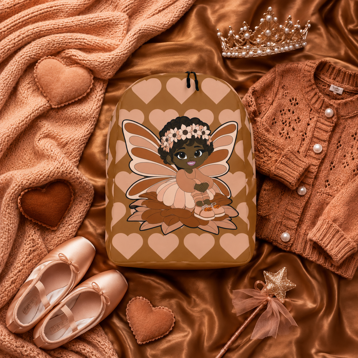 Coco Pixies Sweet Sienna school backpack featuring a Black pixie, floral crown, wings, and mocha heart pattern