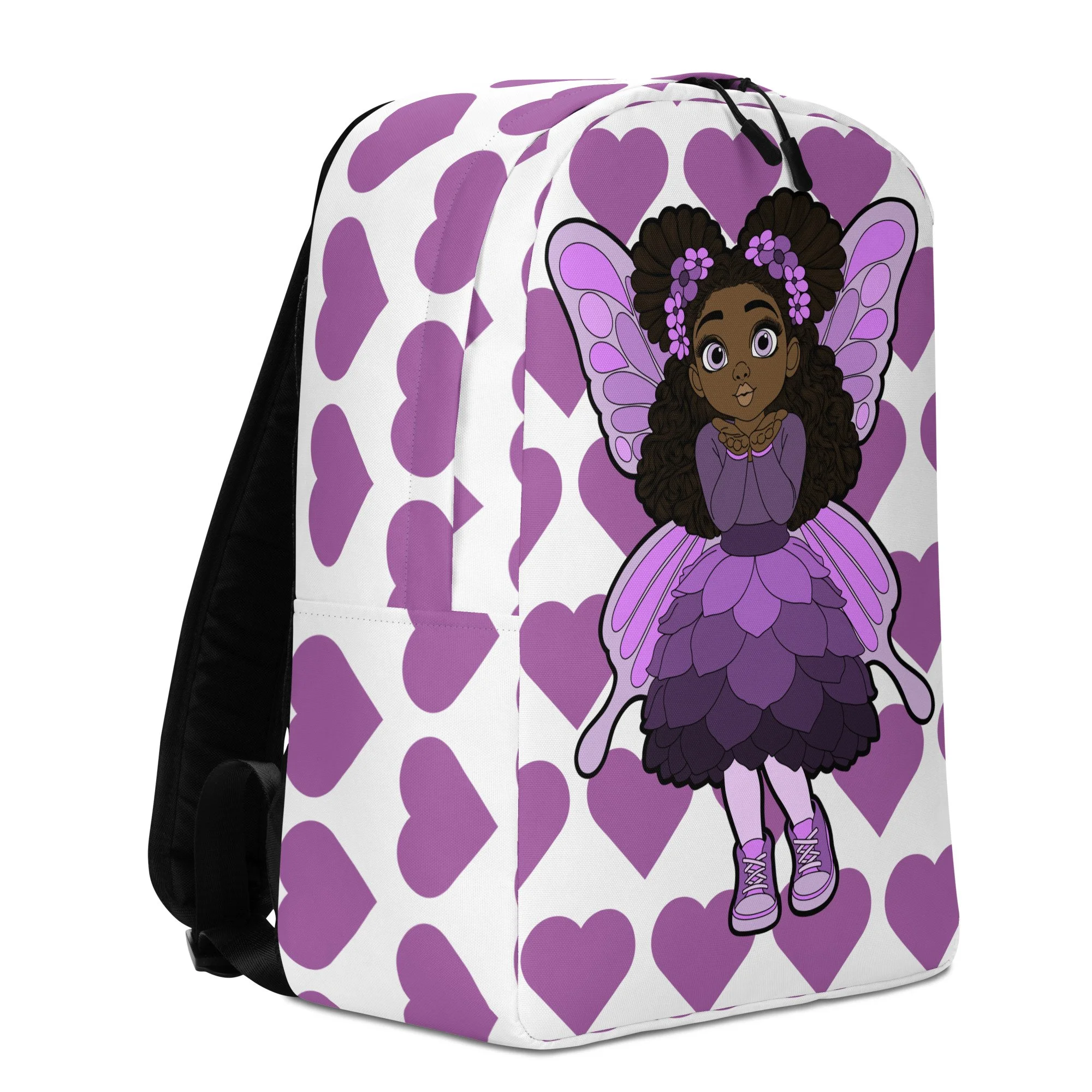 Amber Amazingpuff Pixie Backpack by Coco Pixies with Black girl pixie character, purple wings and signature purple heart pattern