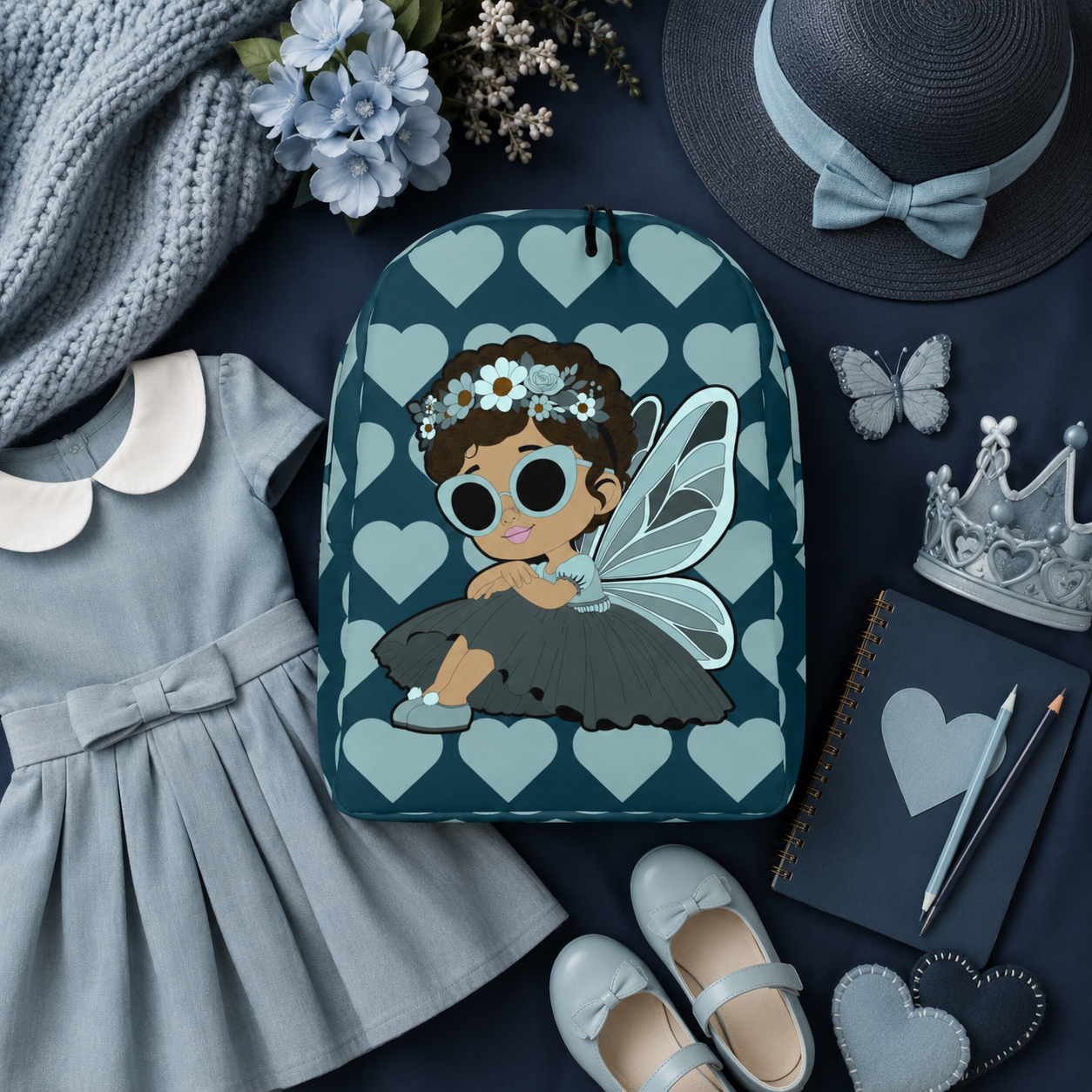 Coco Pixies Pixie Piper Backpack featuring aqua teal hearts, curly hair, sunglasses, and detailed pixie wings