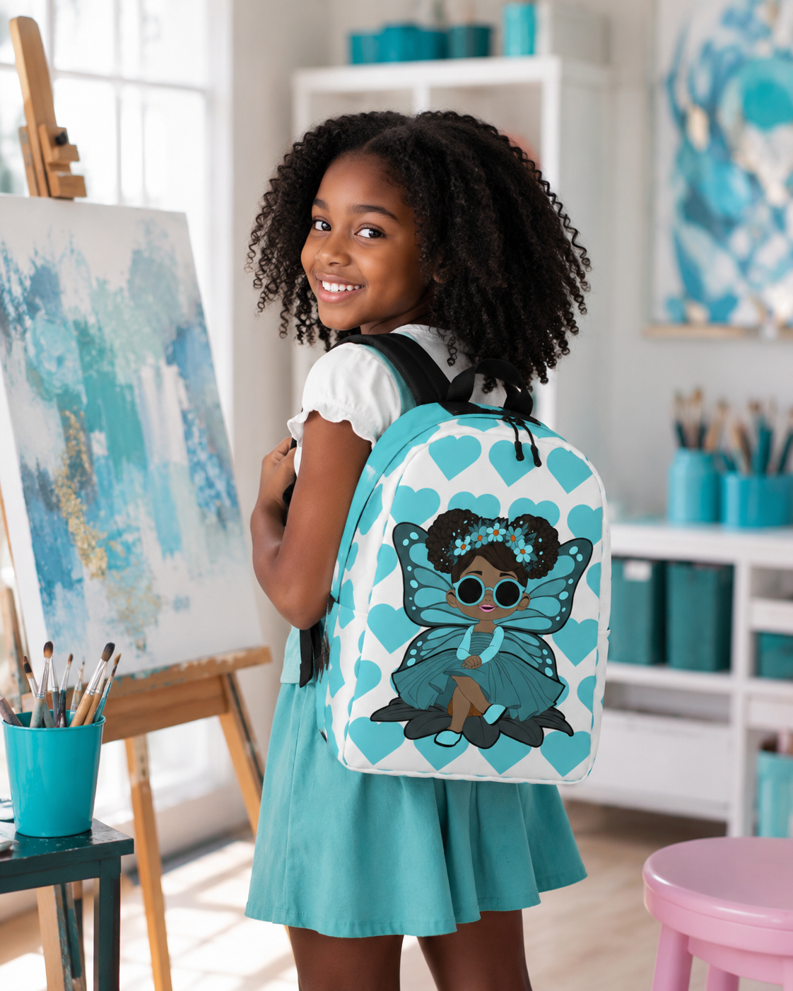 Coco Pixies Sassy Sammy backpack featuring a Black pixie character and aqua signature heart pattern