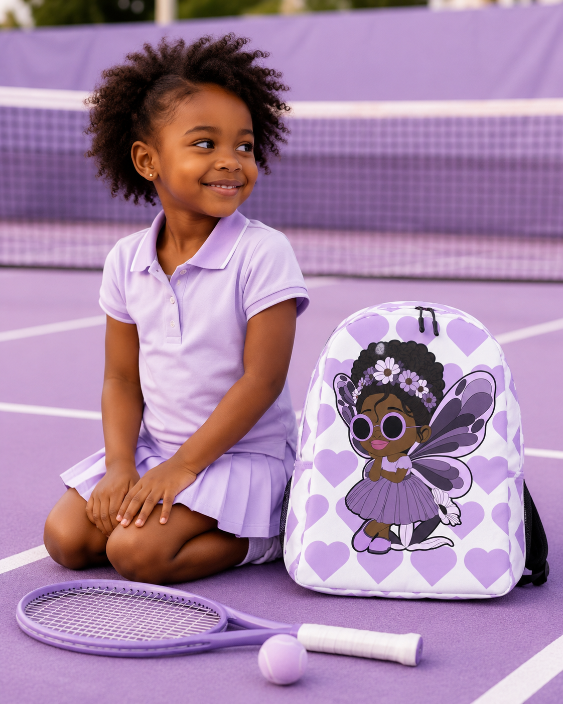Coco Pixies Marvelous Mia girls backpack featuring a Black pixie with an afro puff, floral crown and purple butterfly wings
