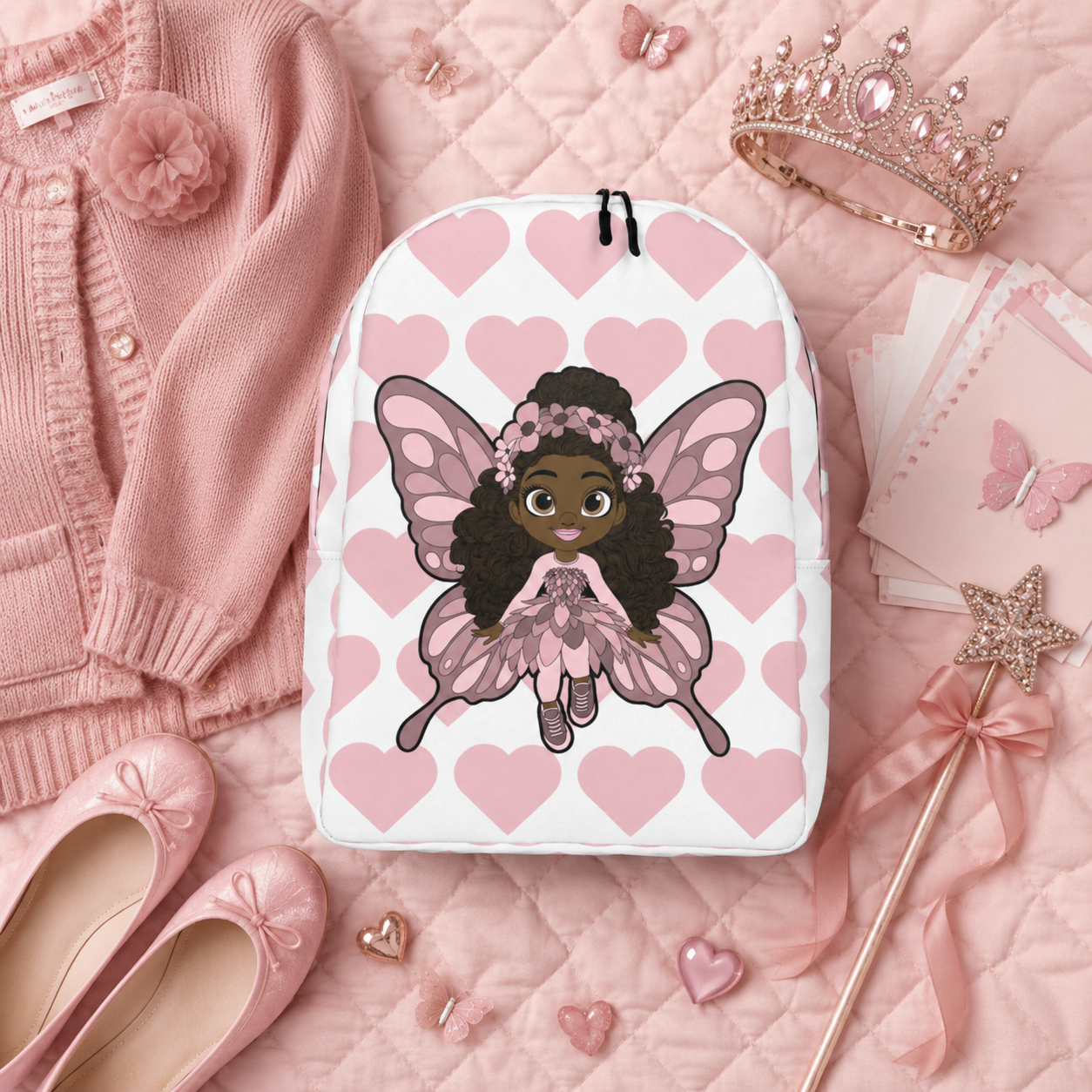 Coco Pixies Penelope Pixie Backpack featuring a Black girl character and blush pink hearts on a white background