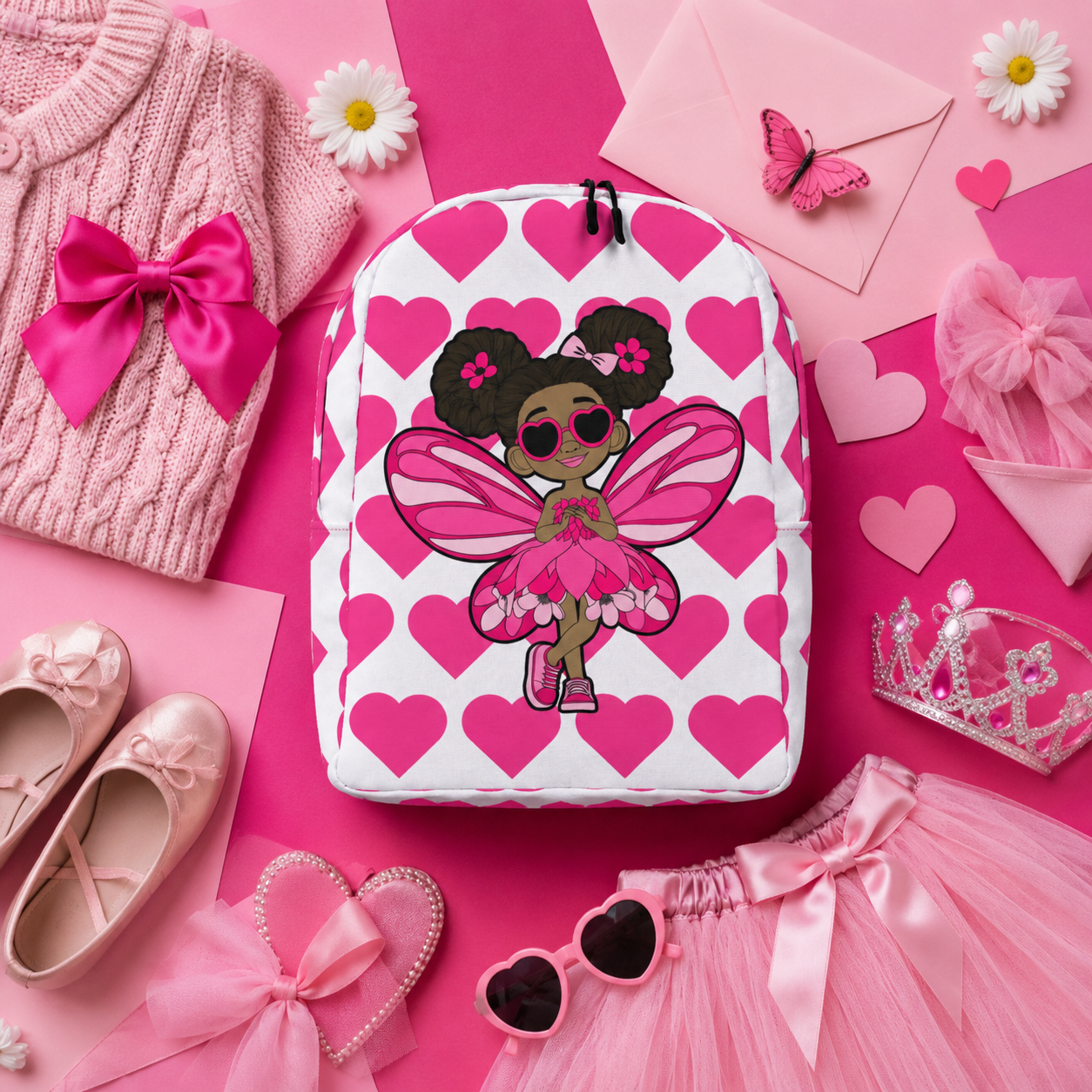 Coco Pixies Glitzy Gracelynn backpack featuring a Black pixie character and bright pink signature heart pattern