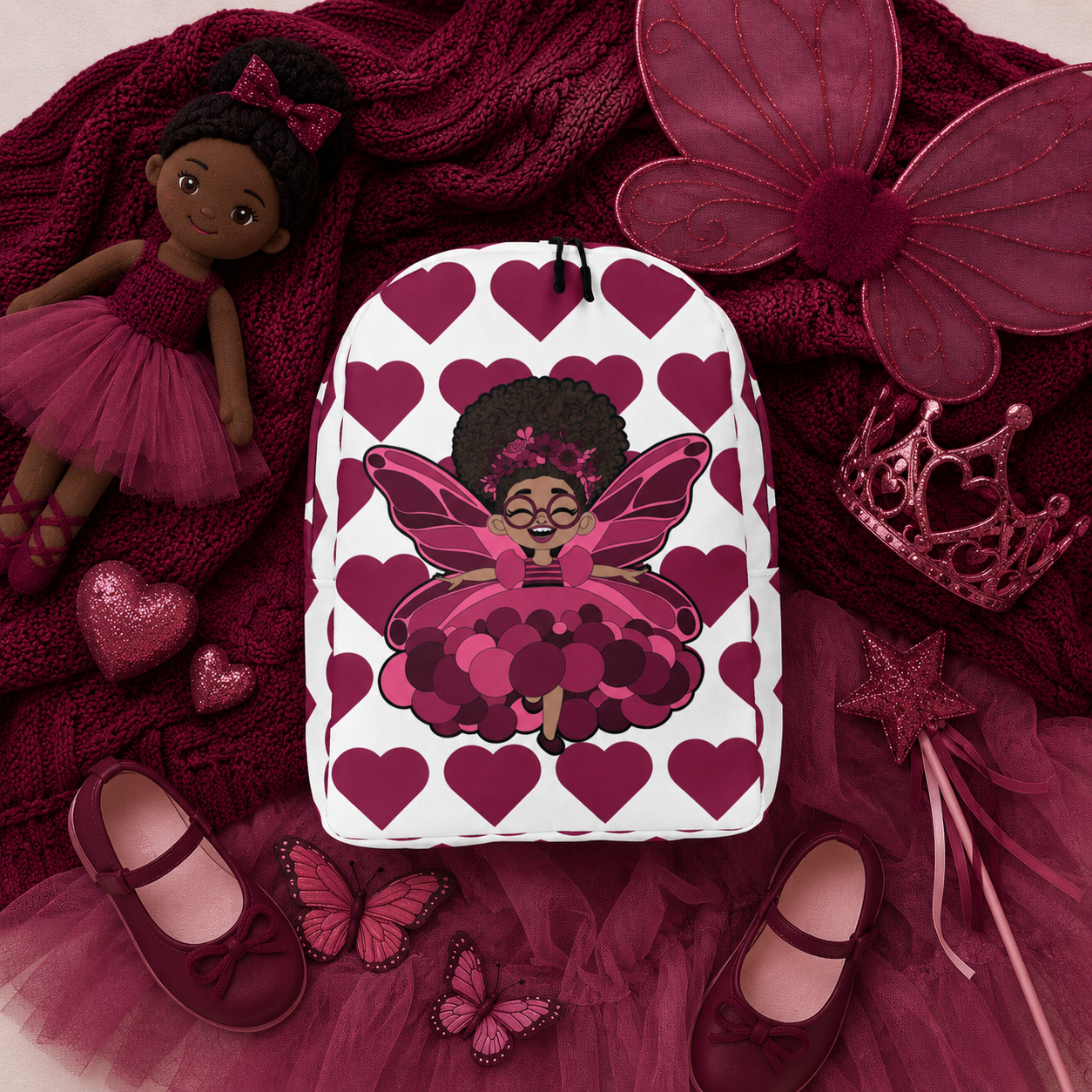 Coco Pixies Delightful Daisy backpack featuring a Black girl pixie and berry Signature Heart Pattern