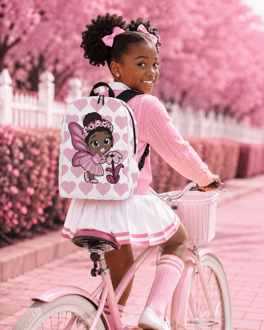 Coco Pixies Tara Twinkle backpack featuring a Black pixie, pink wings, flower crown and heart pattern