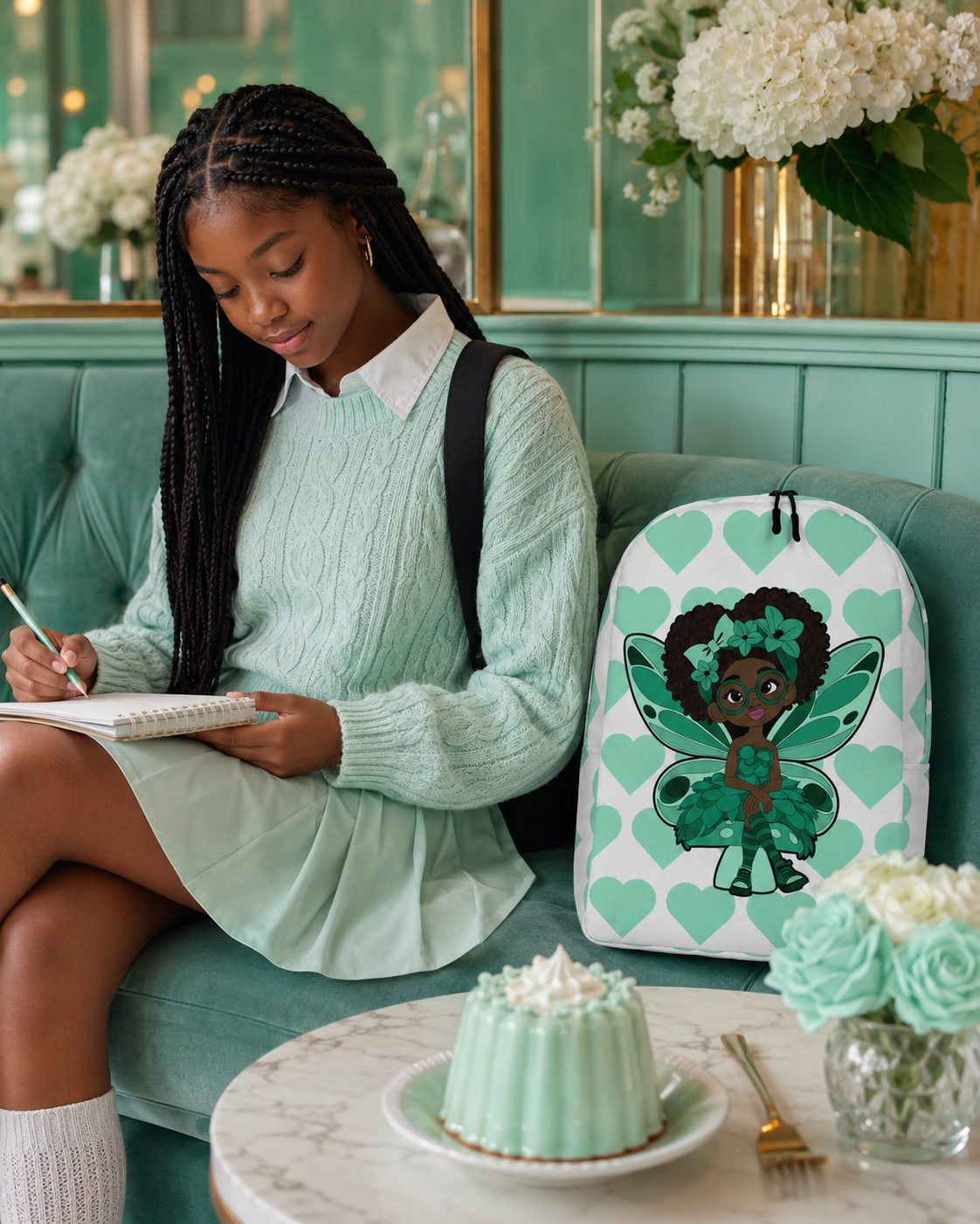 Brilliant Bailey Pixie Backpack by Coco Pixies featuring a Black girl pixie with a curly afro, green wings and a mint heart pattern.
