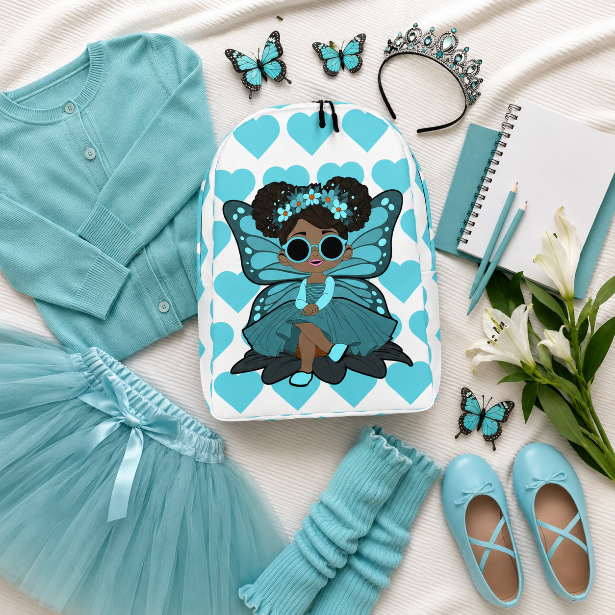 Coco Pixies Sassy Sammy backpack featuring a Black pixie character and aqua signature heart pattern