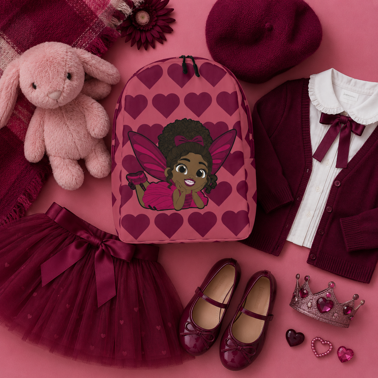 Coco Pixies Happy Harper backpack featuring a Black girl pixie with curly hair and deep rose hearts