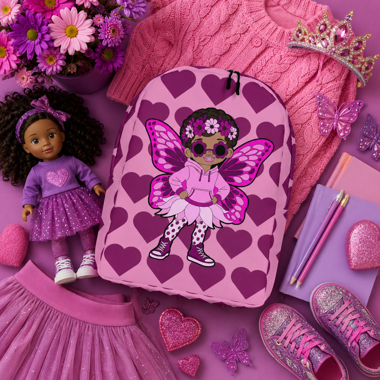 Coco Pixies Teonna Twinklepuff backpack featuring a Black girl pixie with curly puffs, pink wings and berry hearts.