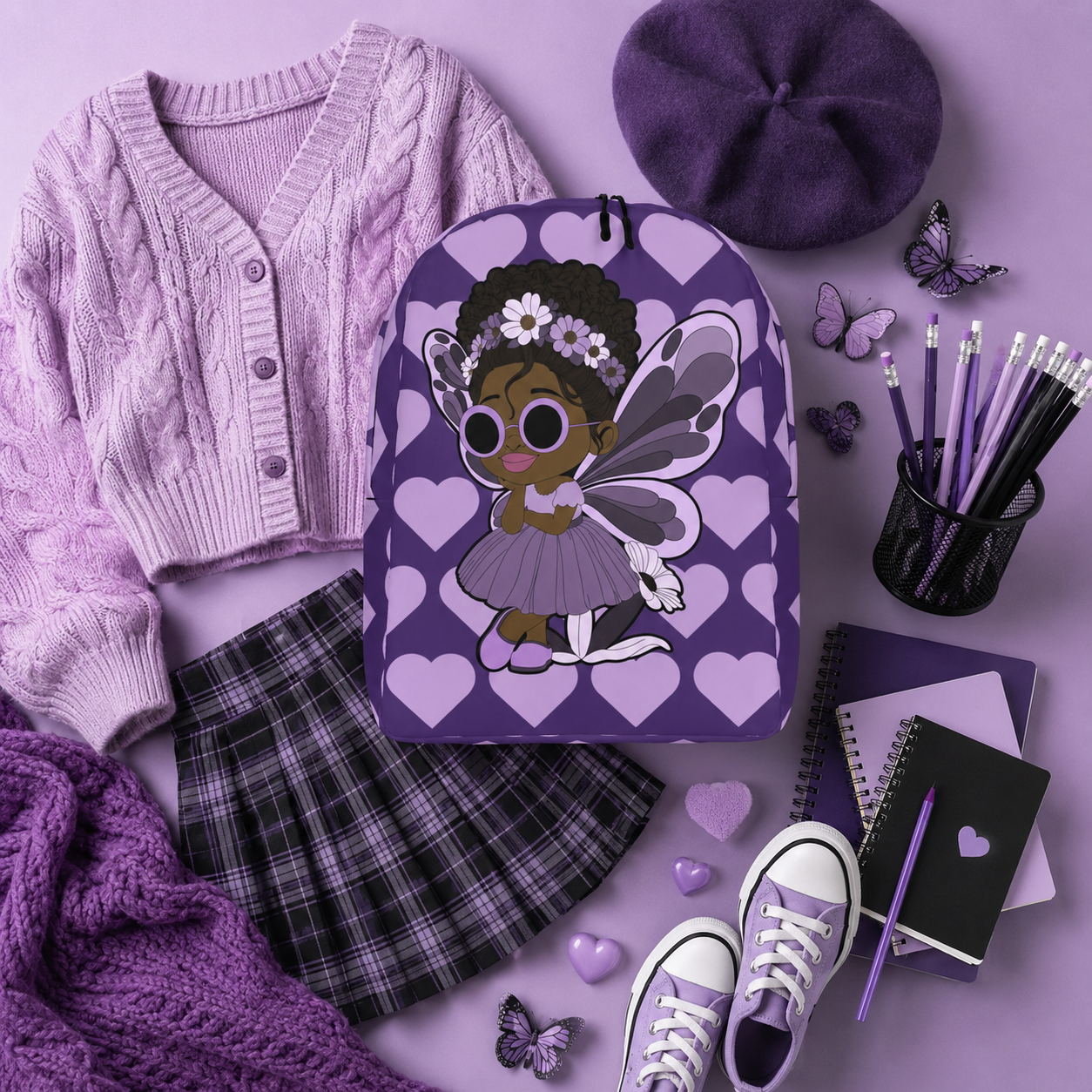 Coco Pixies Marvelous Mia purple backpack featuring a Black pixie with an afro puff, floral crown and lavender wings