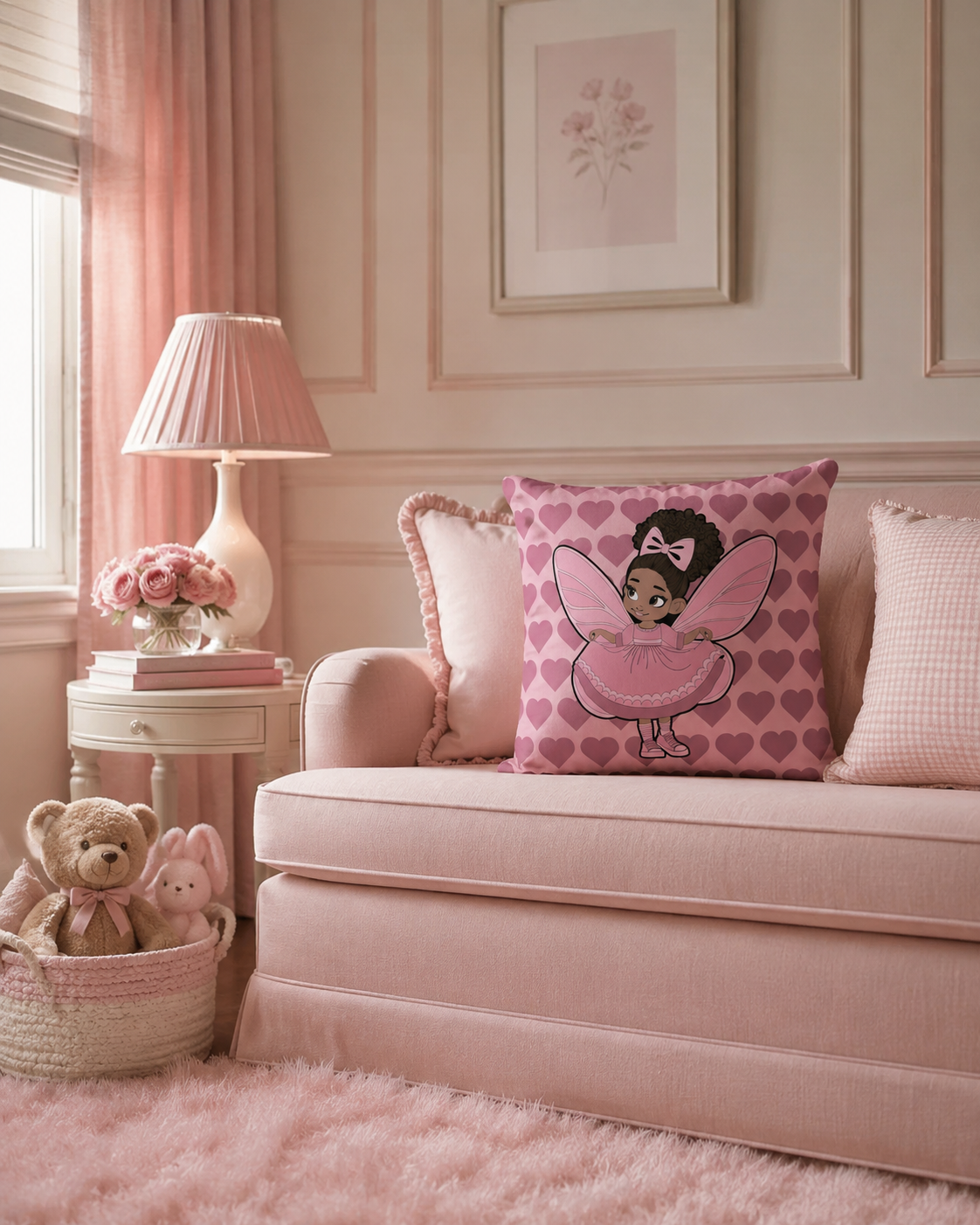 A pink room with pink sofa, decorative Coco Pixies Darling Daphne pillow, a bedside table with a lamp and a vase of pink roses, and a basket with plush toys. Pink curtains and fluffy rug complete the cozy decor.