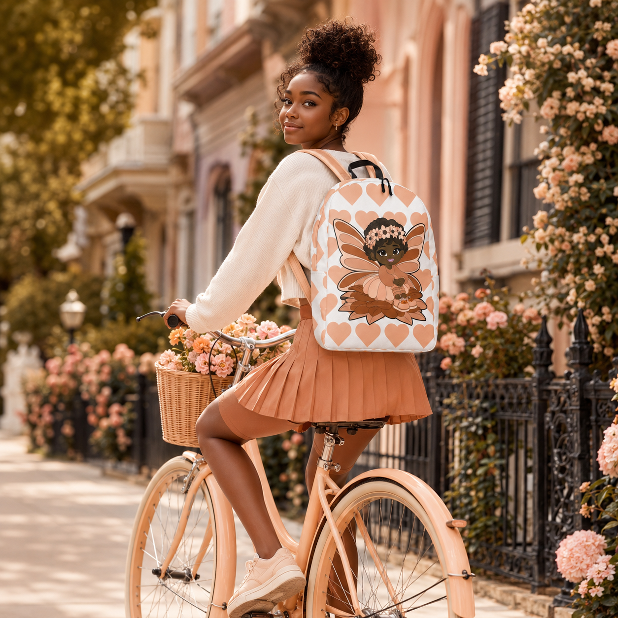 Coco Pixies Signature Heart Pattern Backpack featuring Sweet Sienna, a Black pixie with curls and peach wings