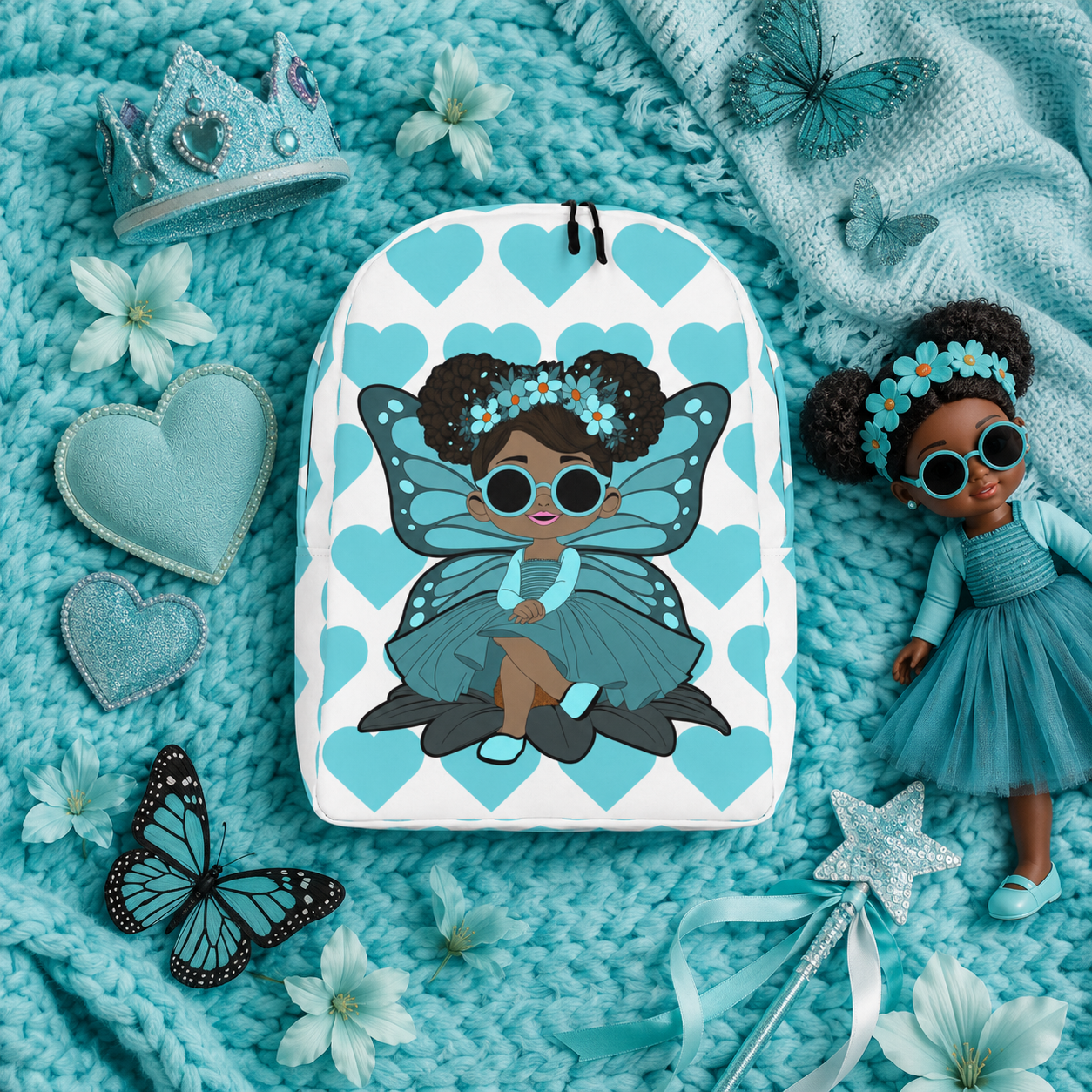 Coco Pixies Sassy Sammy backpack featuring a Black pixie character and aqua signature heart pattern