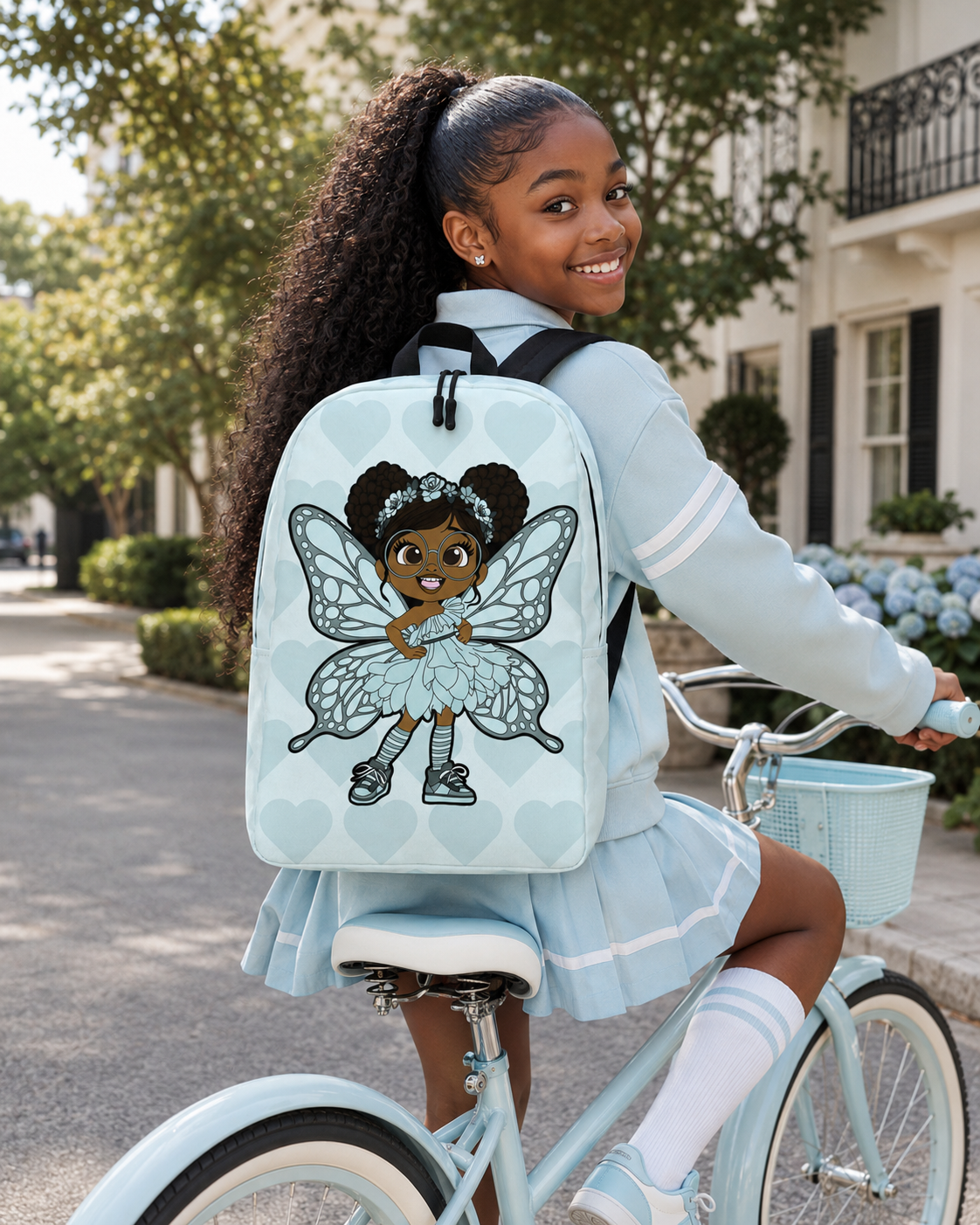Girl riding a bike outdoors, wearing a light blue outfit, with a Coco Pixies JoJo Jollypuff Pixie backpack. JoJo Jollypufff wears glasses and has butterfly wings.
