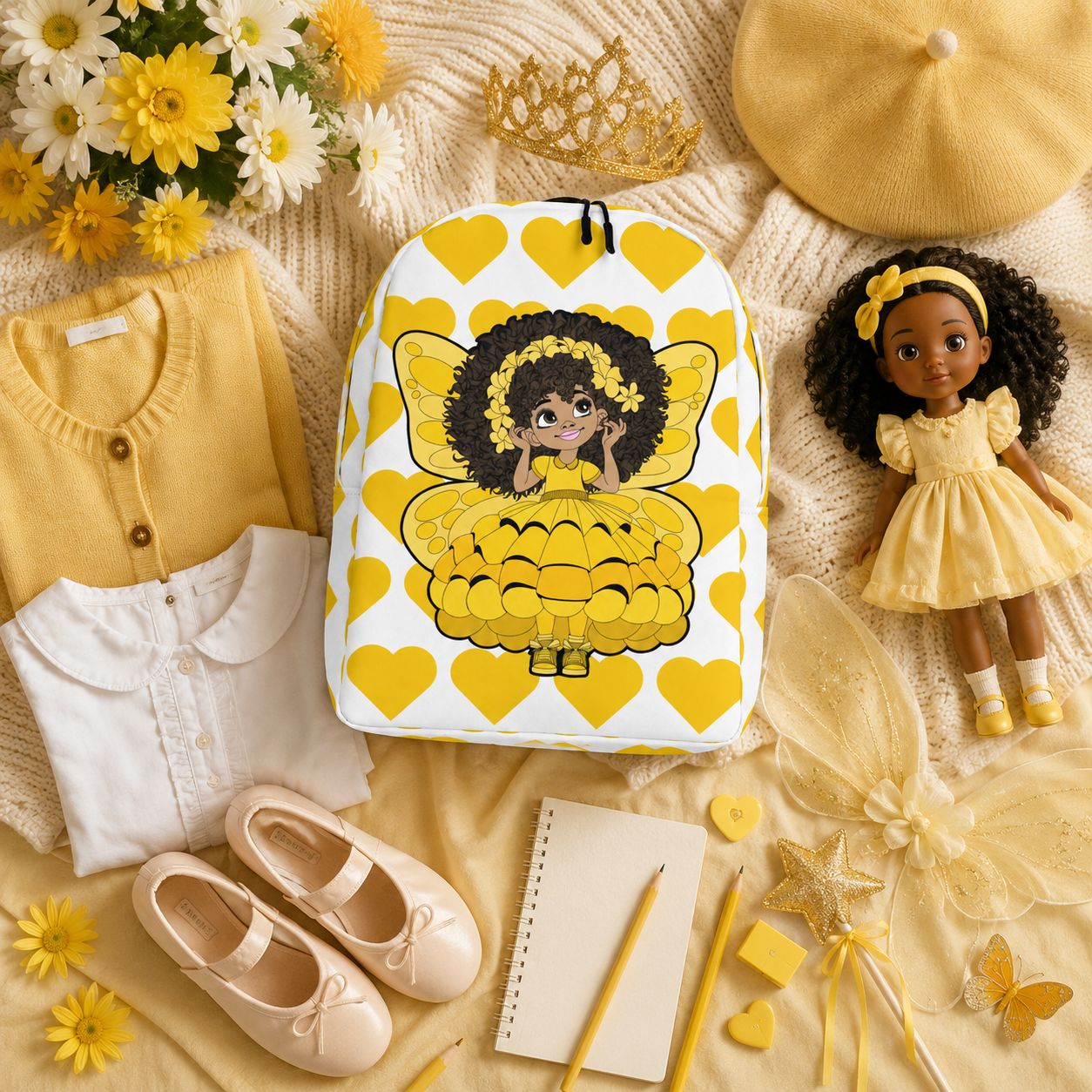 Blissful Brandie Pixie Backpack by Coco Pixies with a Black girl pixie, yellow wings and signature yellow heart pattern