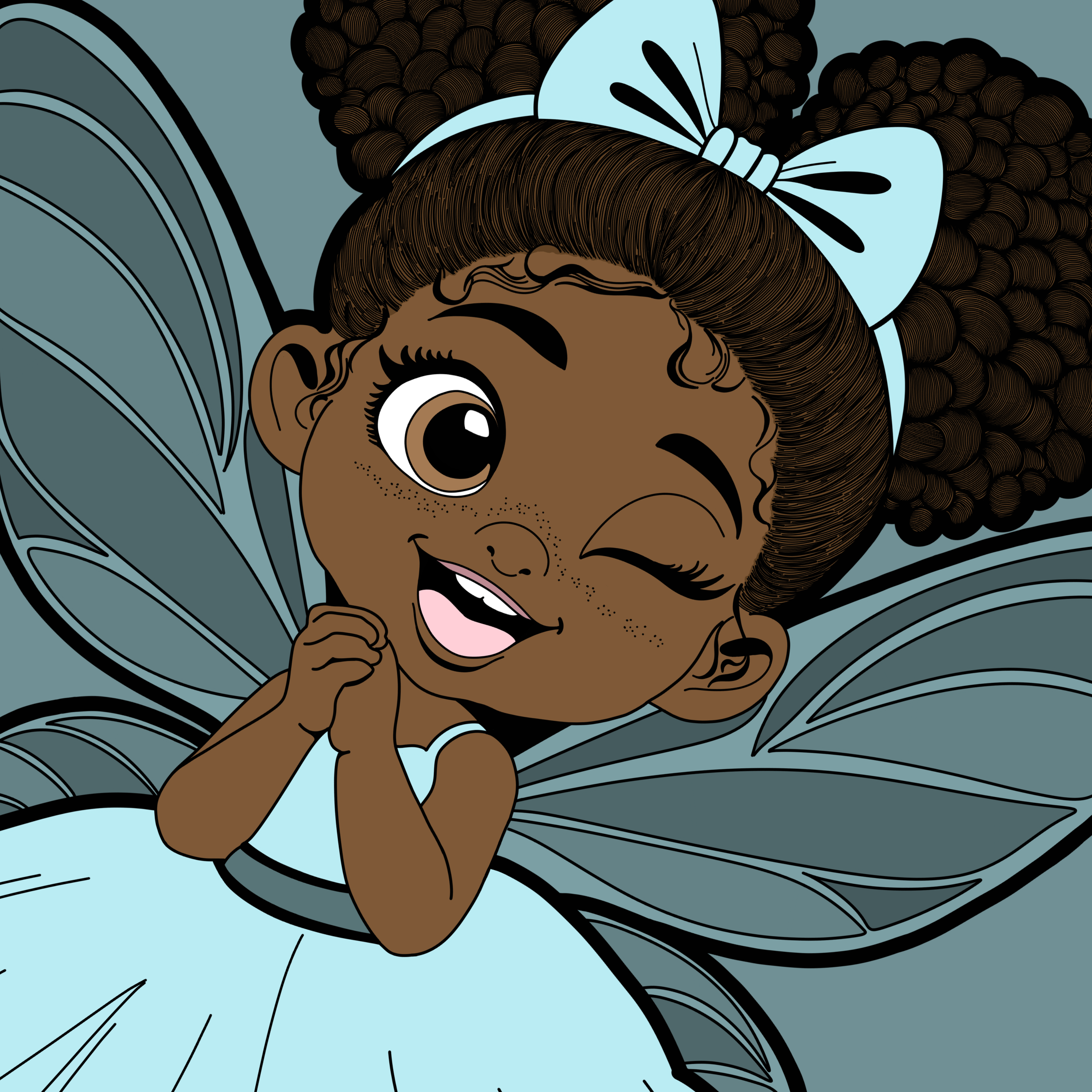 Gleeful Grace, a smiling original hand-drawn Black girl pixie with medium brown skin, freckles, two dark brown afro puffs, an icy blue bow and tutu dress, blue gray butterfly wings, matching flats and a playful wink.