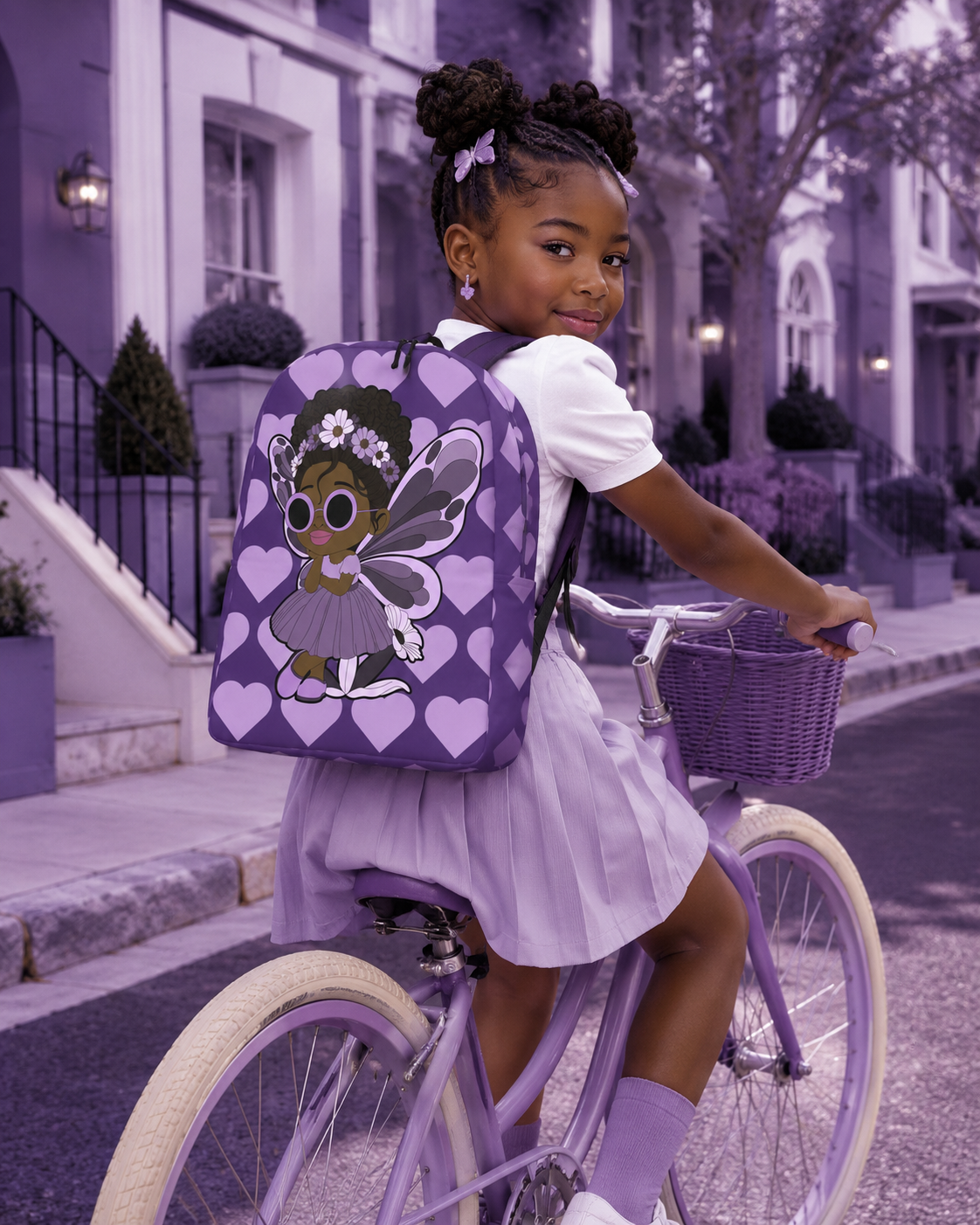 Coco Pixies Marvelous Mia purple backpack featuring a Black pixie with an afro puff, floral crown and lavender wings