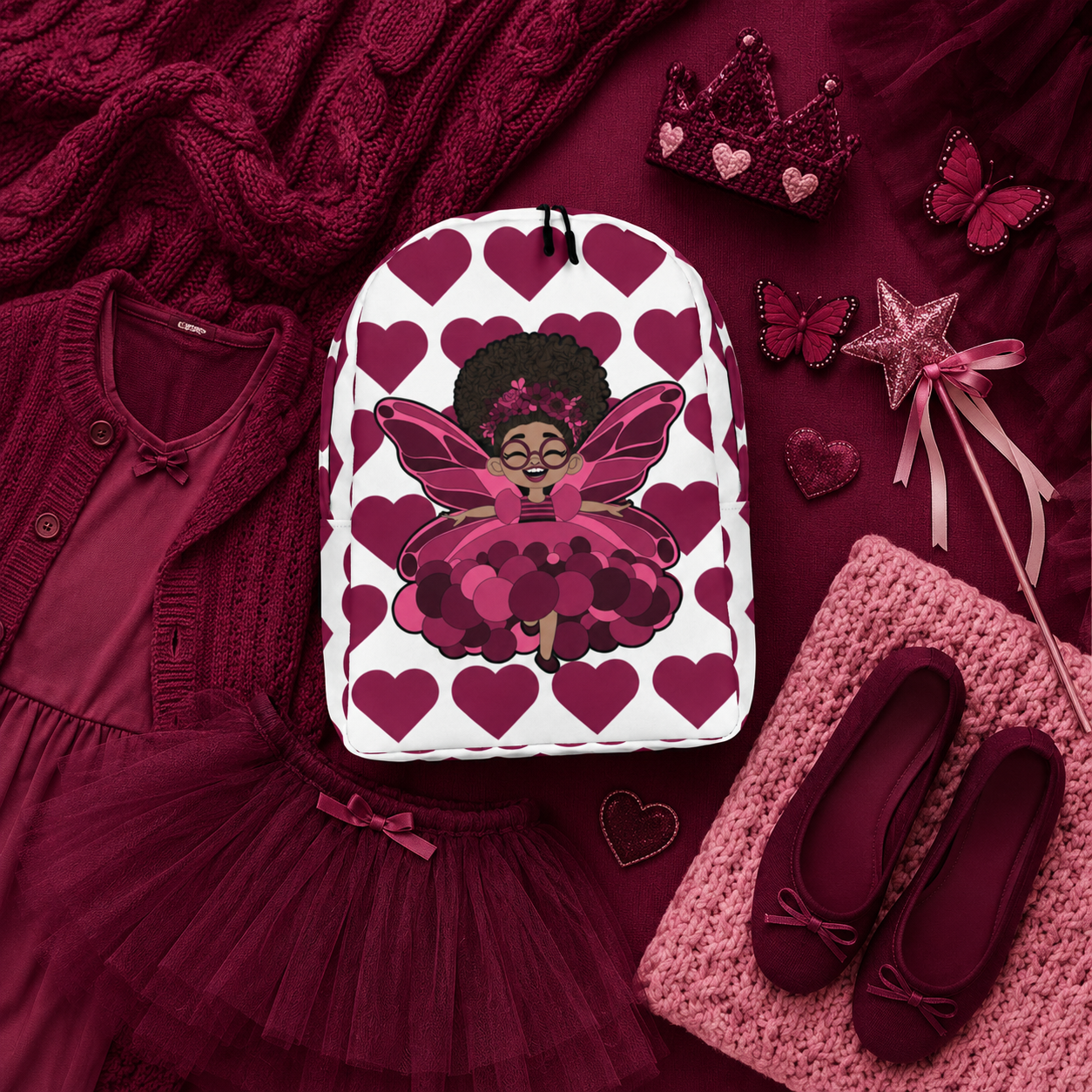 Coco Pixies Delightful Daisy backpack featuring a Black girl pixie and berry Signature Heart Pattern
