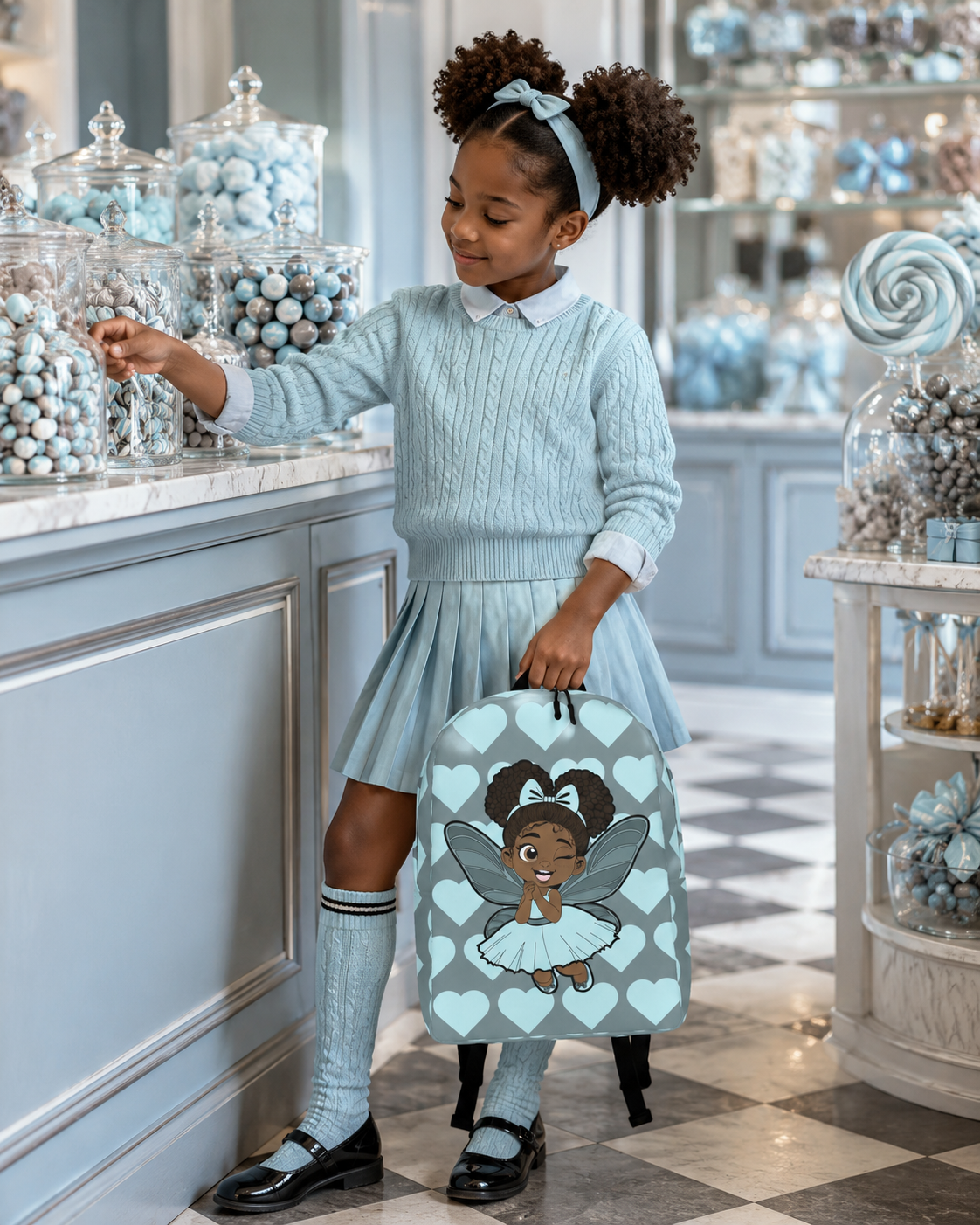 Gleeful Grace Pixie Backpack by Coco Pixies with icy blue hearts, afro puffs, wings, and gray background