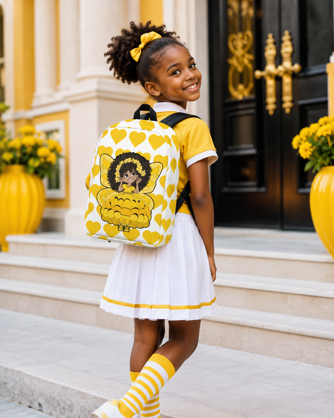 Blissful Brandie Pixie Backpack by Coco Pixies with a Black girl pixie, yellow wings and signature yellow heart pattern