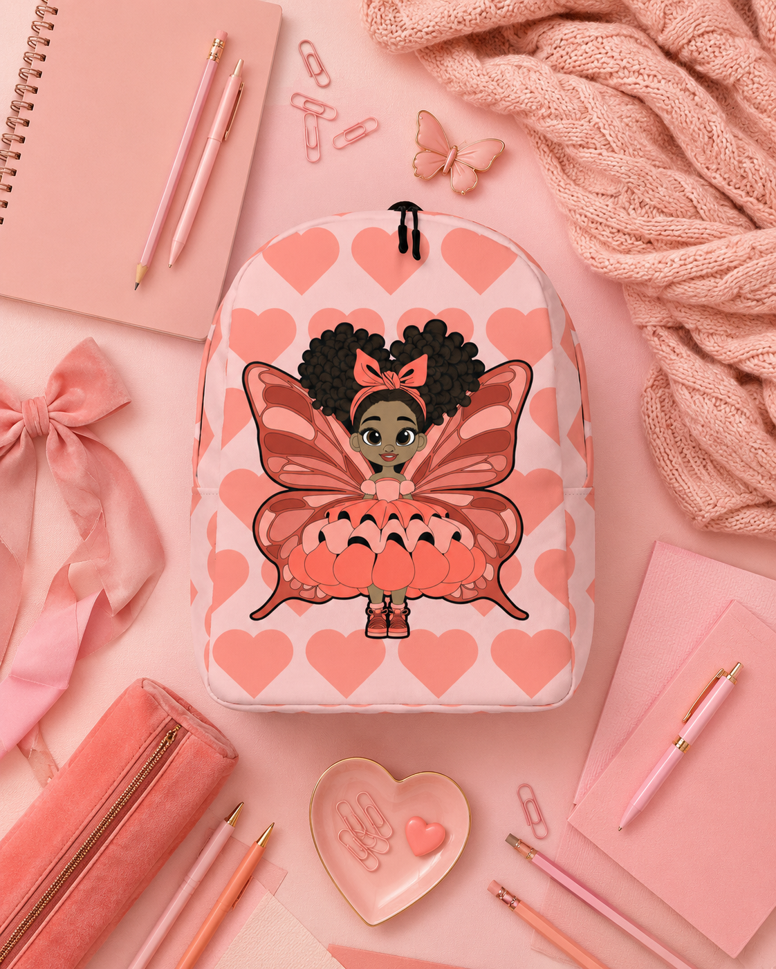 Coco Pixies Lovely Layla children’s backpack featuring a Black girl pixie and Coral Signature Heart Pattern