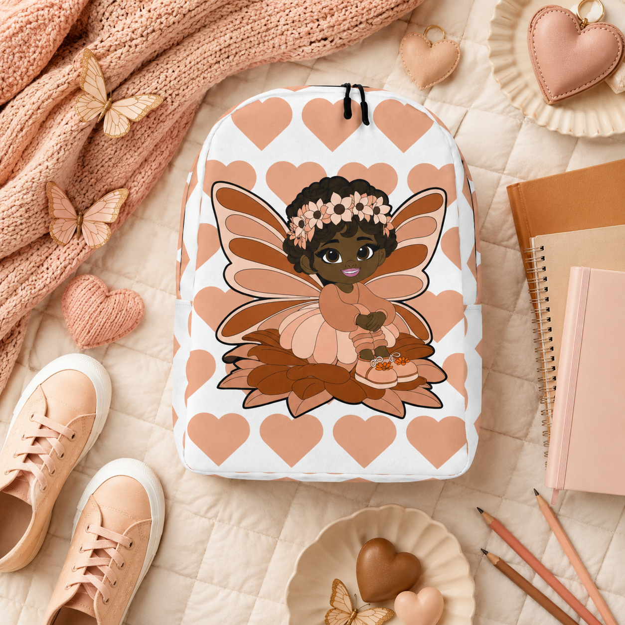Coco Pixies Signature Heart Pattern Backpack featuring Sweet Sienna, a Black pixie with curls and peach wings